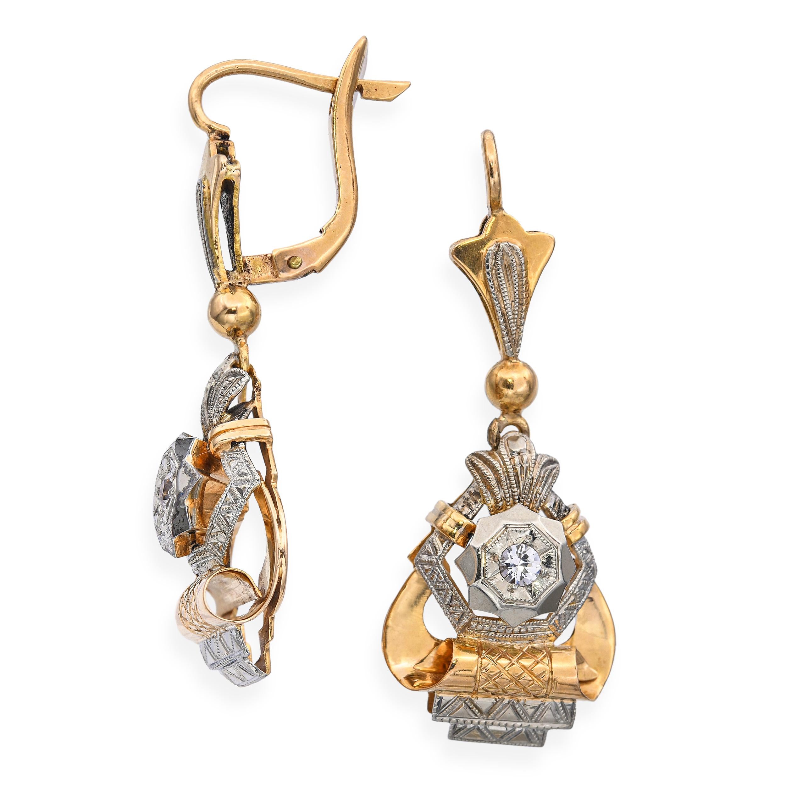 Vintage 18k Yellow Gold Diamond Dangle Earrings