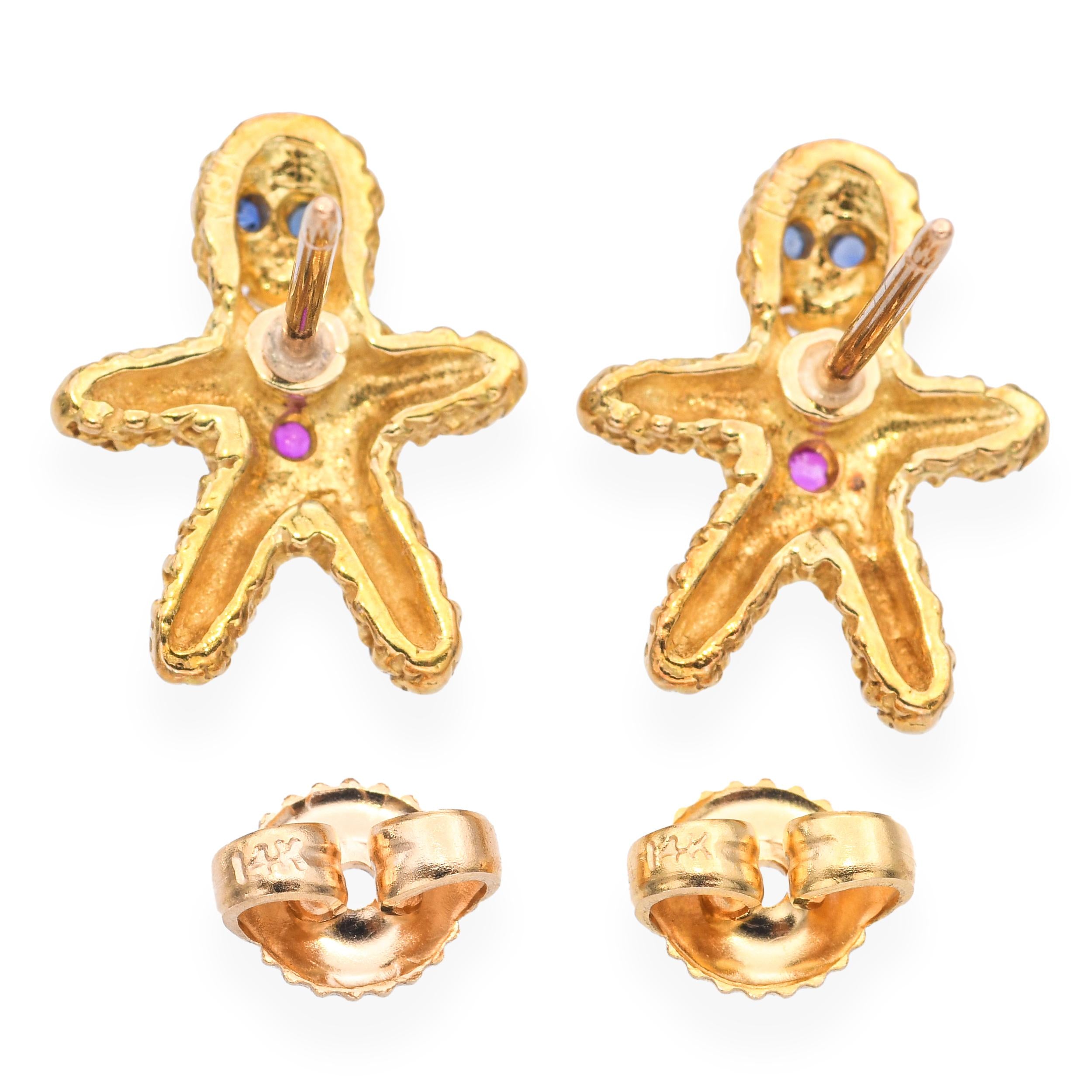 Peter Lindeman 18k Yellow Gold Ruby and Sapphire Gingerbread Earrings