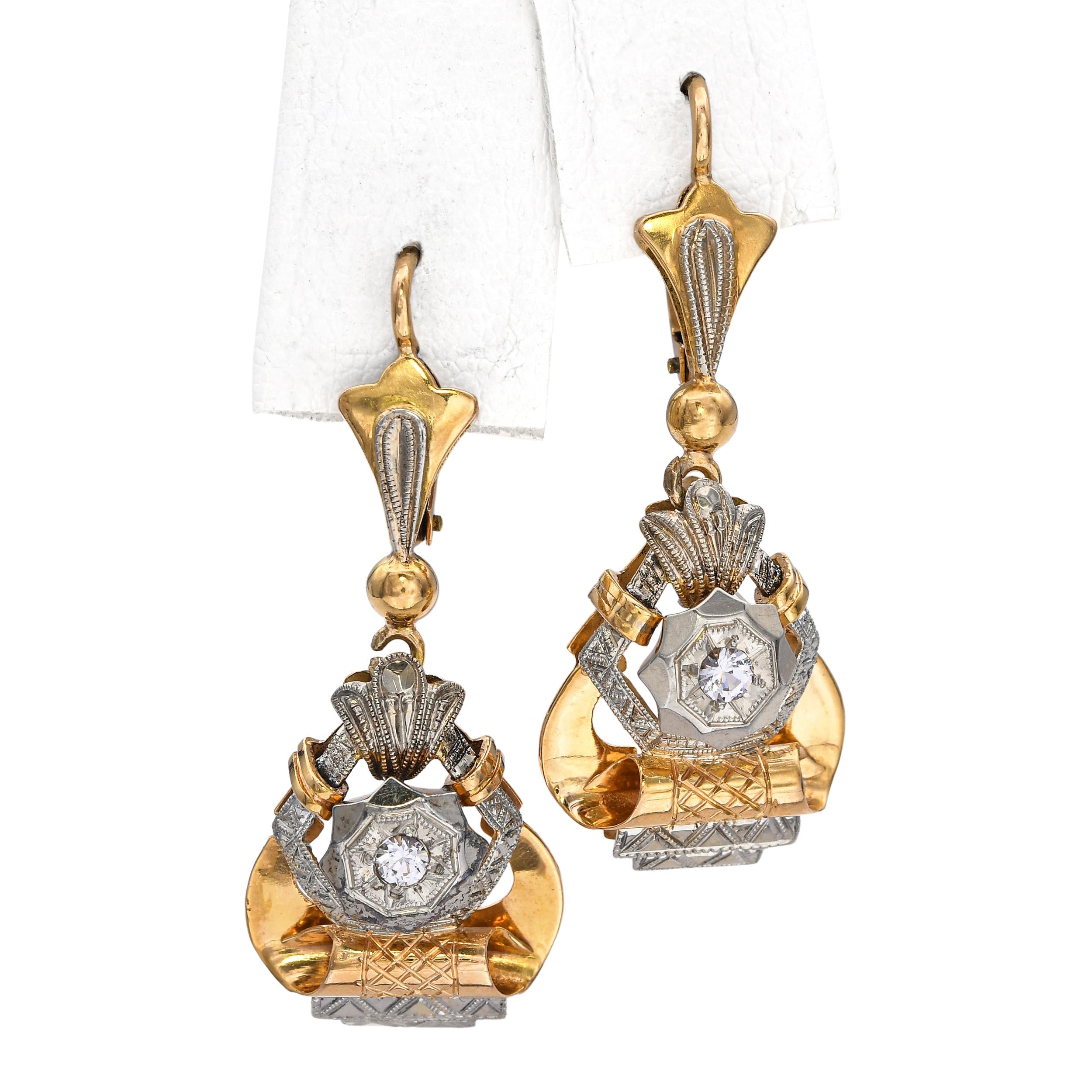 Vintage 18k Yellow Gold Diamond Dangle Earrings