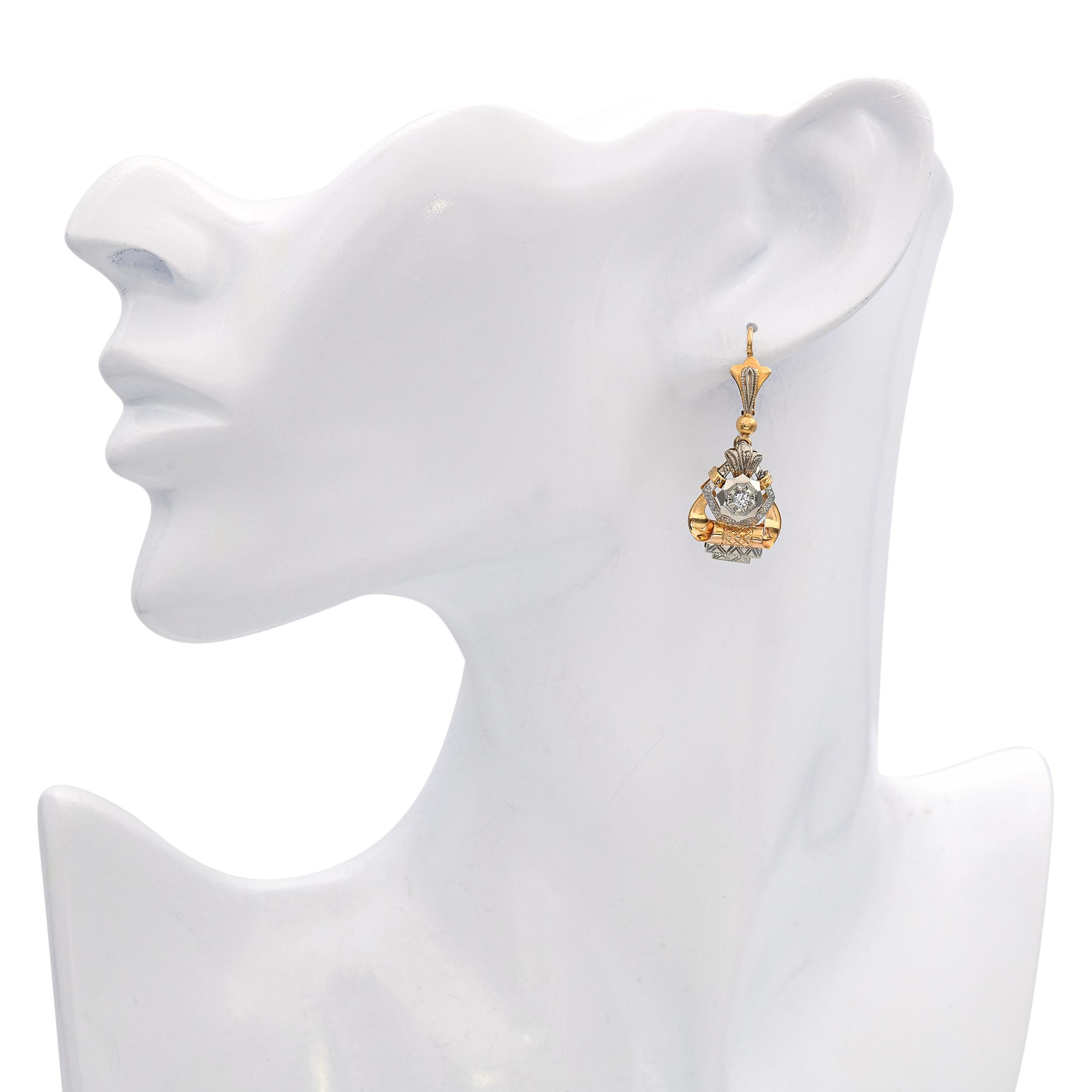 Vintage 18k Yellow Gold Diamond Dangle Earrings