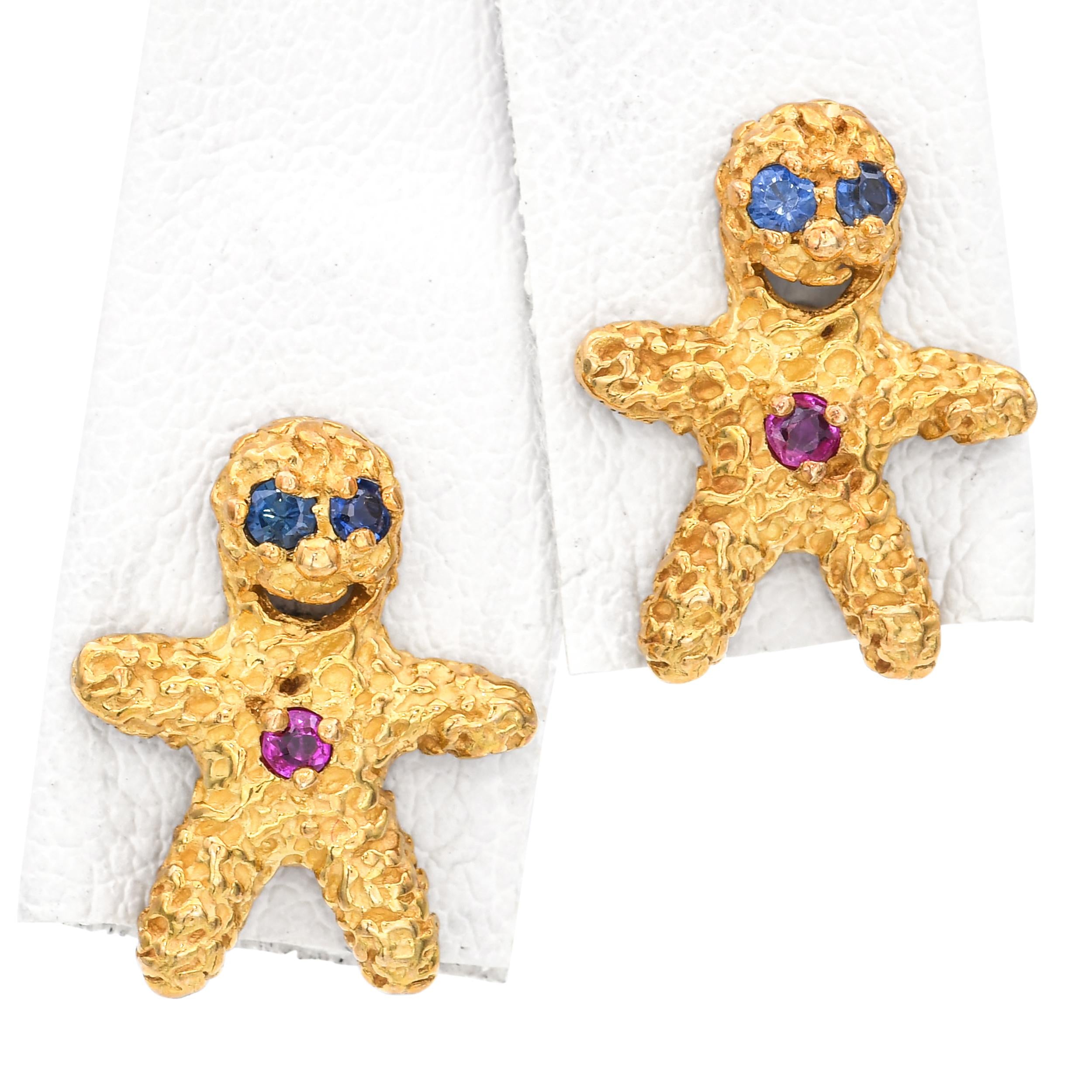 Peter Lindeman 18k Yellow Gold Ruby and Sapphire Gingerbread Earrings