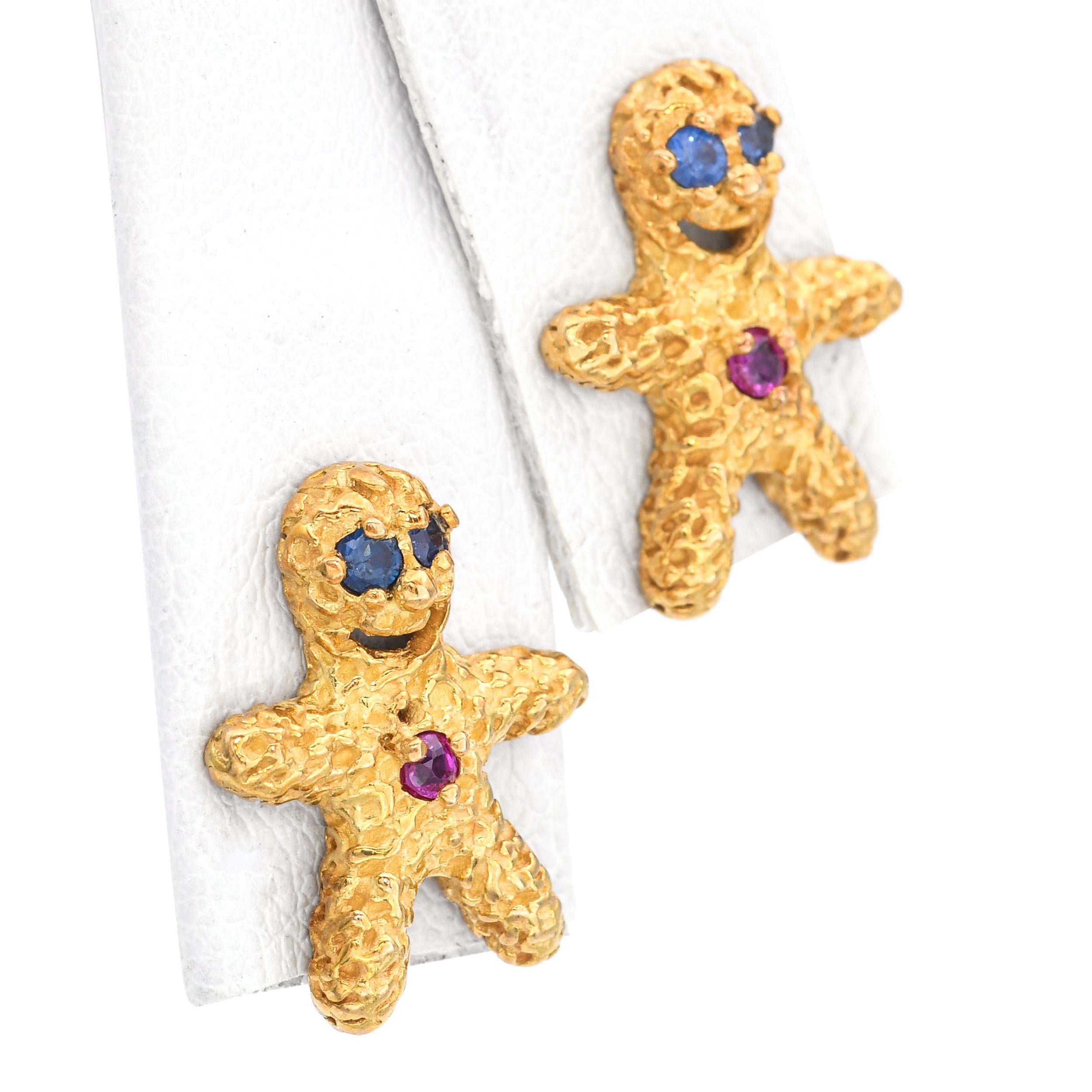 Peter Lindeman 18k Yellow Gold Ruby and Sapphire Gingerbread Earrings