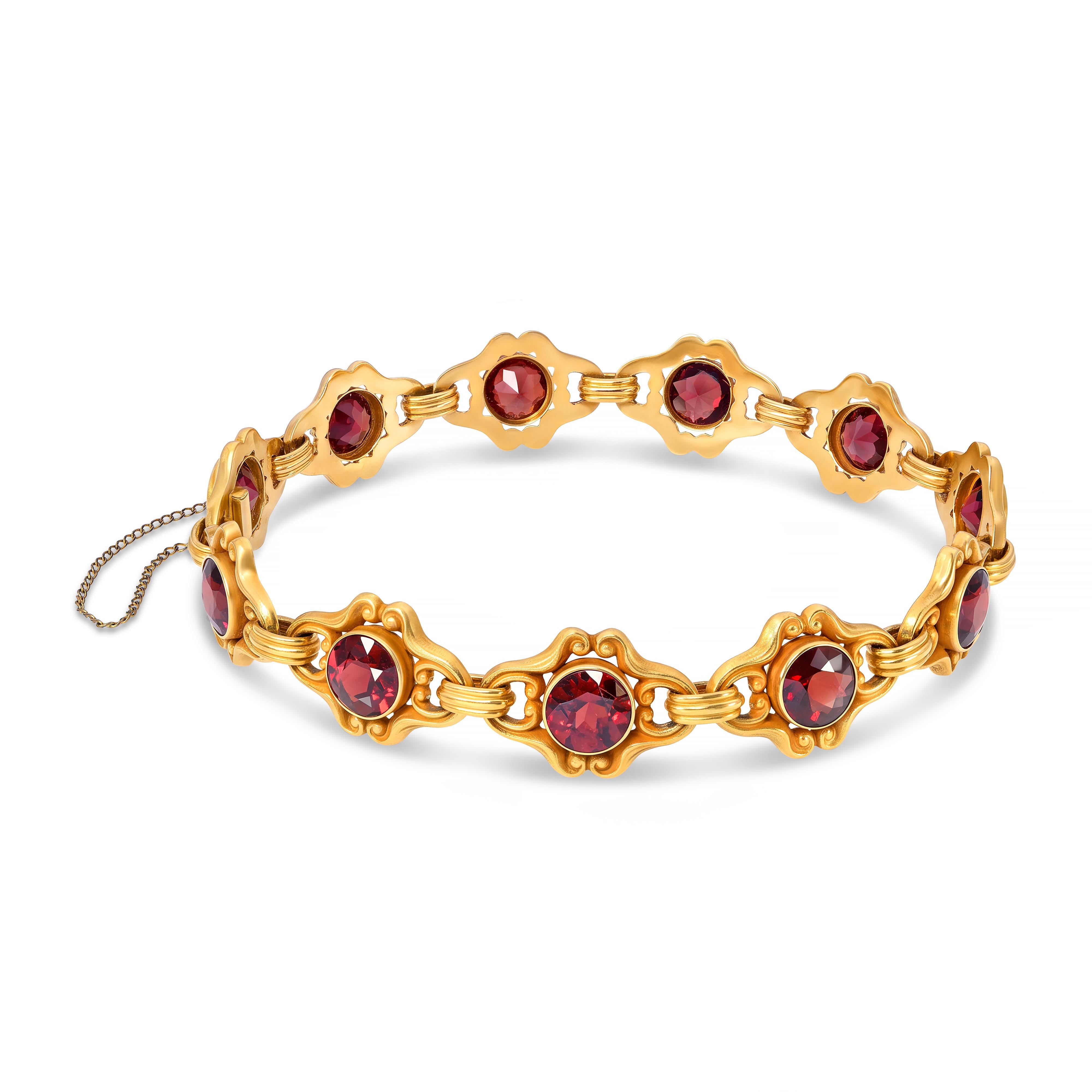 Art Nouveau Bloomed 14k Yellow Gold Garnet Link Bracelet