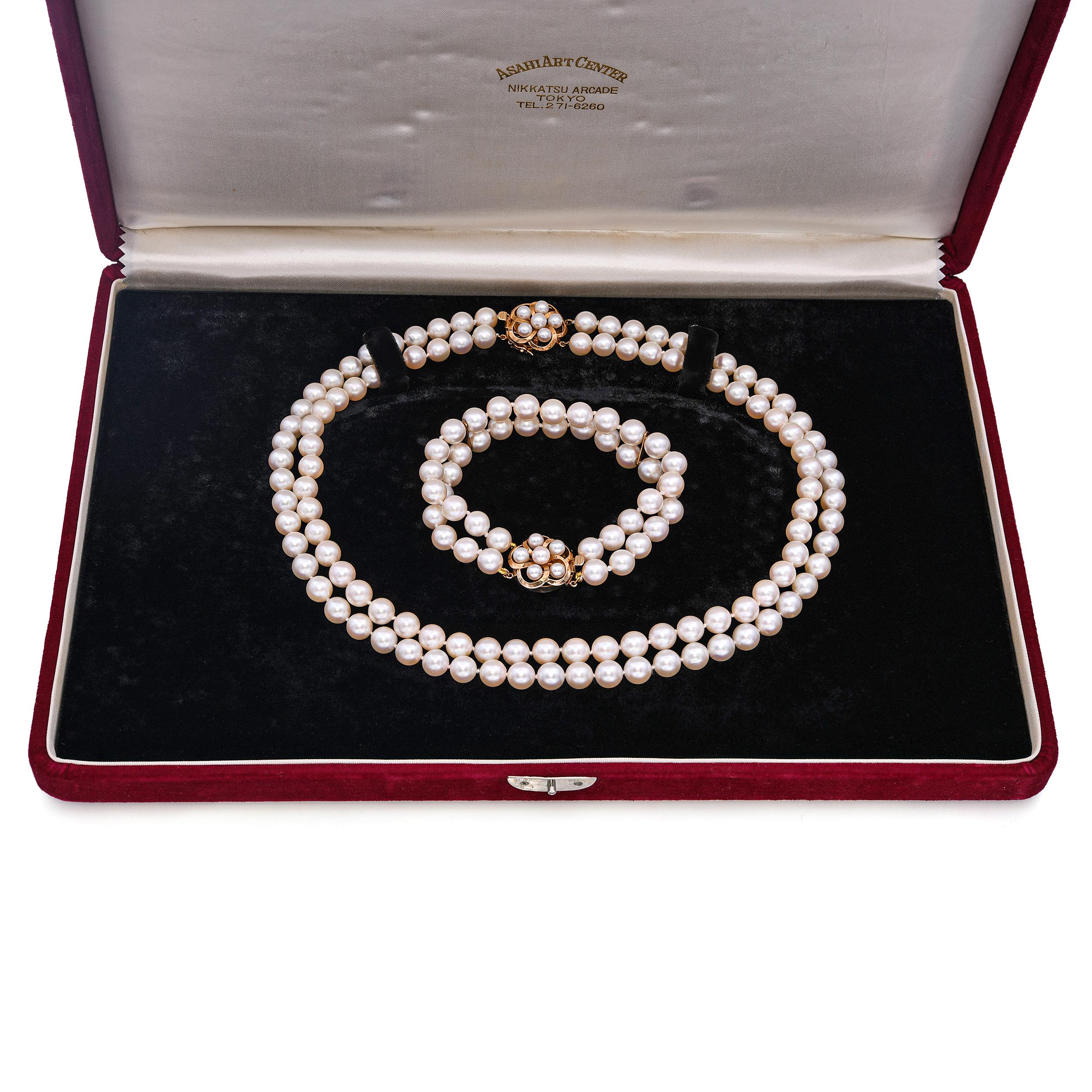 Vintage 14k Yellow Gold Japanese Akoya Pearl Necklace and Bracelet Set