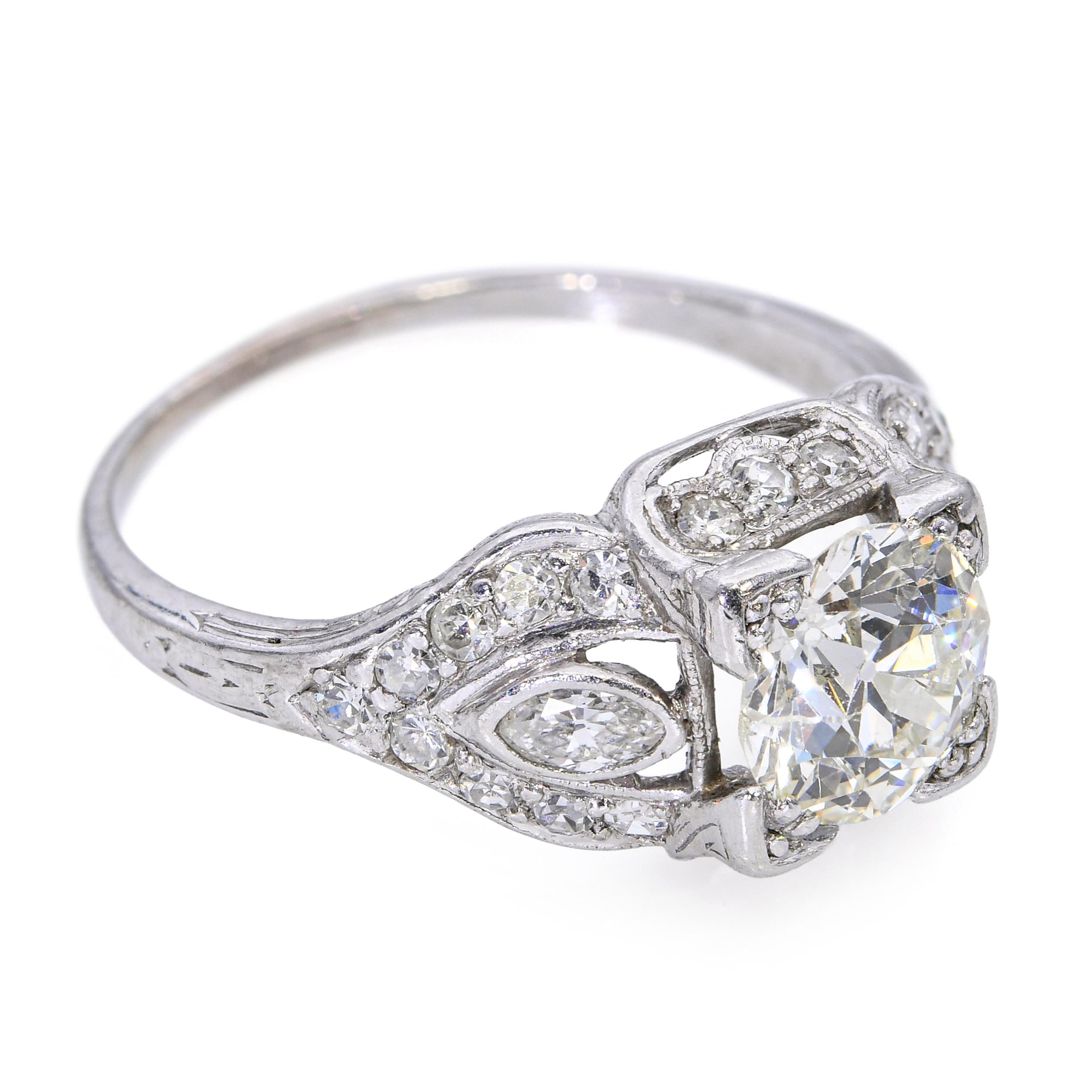 Art Deco Platinum Filigree Old Euro Cut 2.06tcw H I1 Diamond Ring