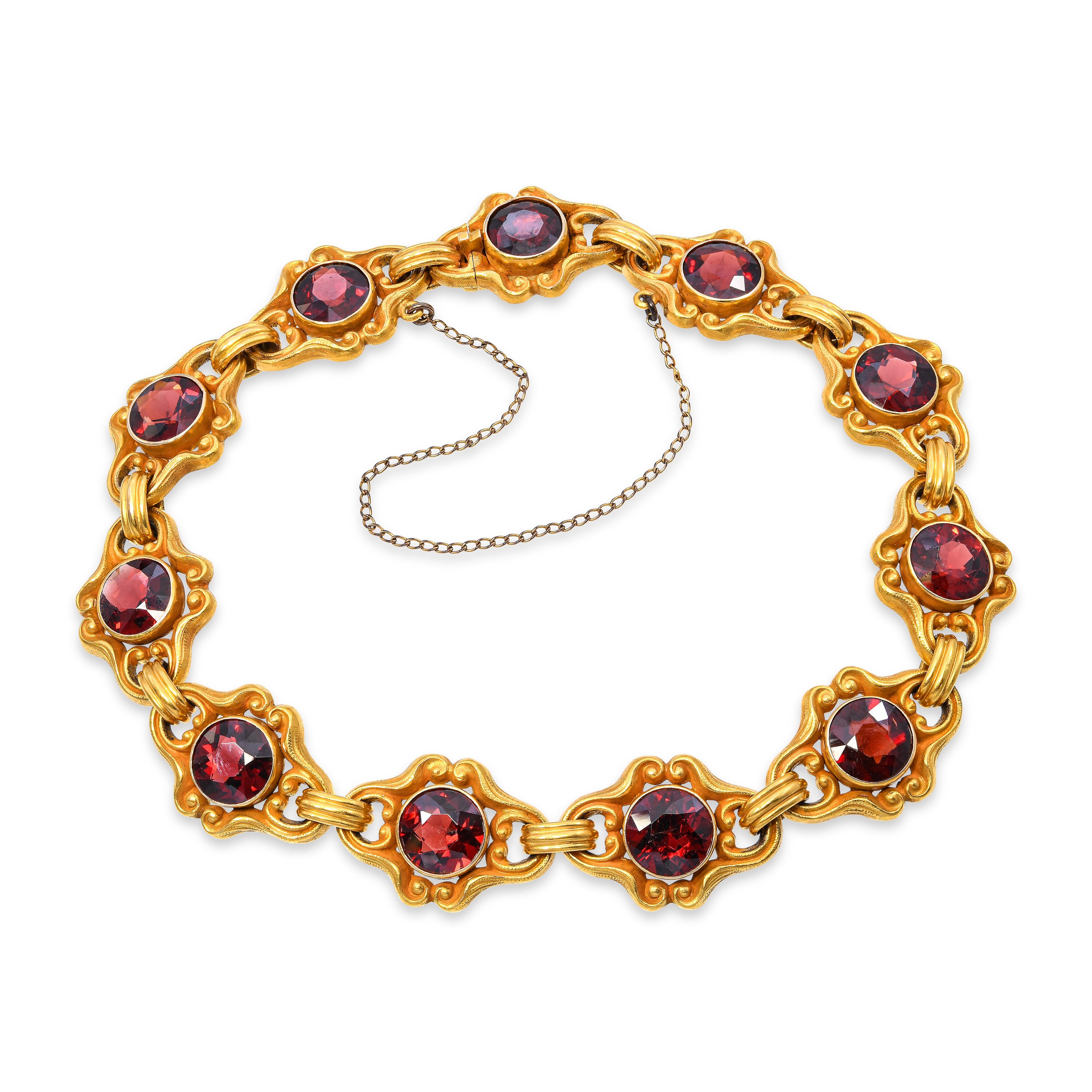 Art Nouveau Bloomed 14k Yellow Gold Garnet Link Bracelet