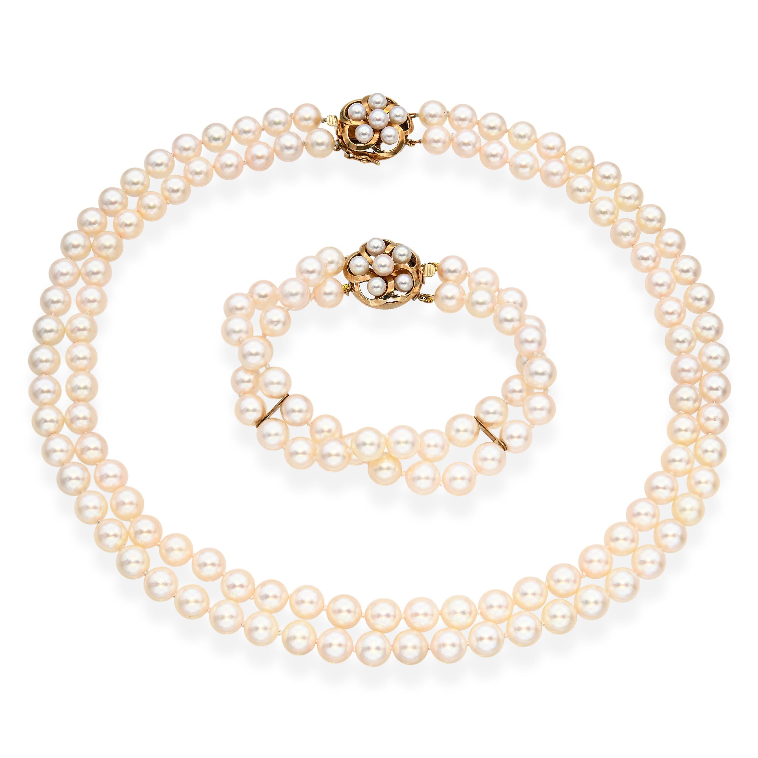 Vintage 14k Yellow Gold Japanese Akoya Pearl Necklace and Bracelet Set