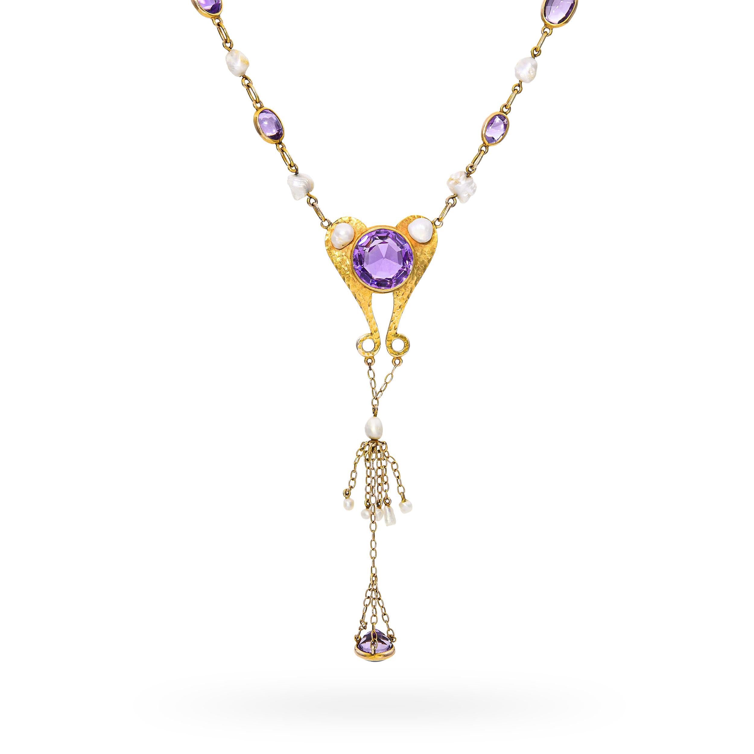 Antique Yellow Gold Amethyst and Pearl Drop Necklace