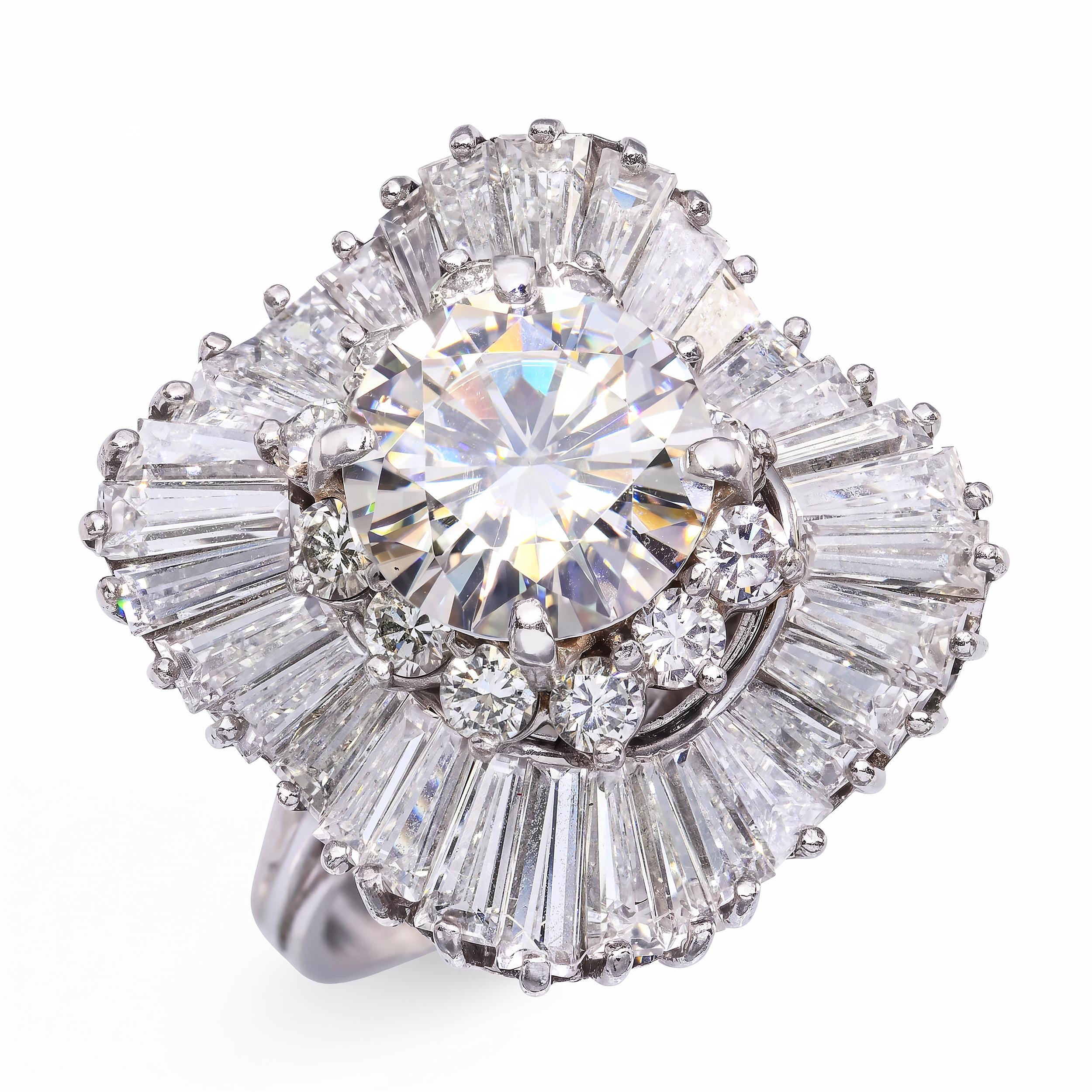 Vintage Platinum Diamond and Cubic Zirconia Ballerina Cocktail Ring