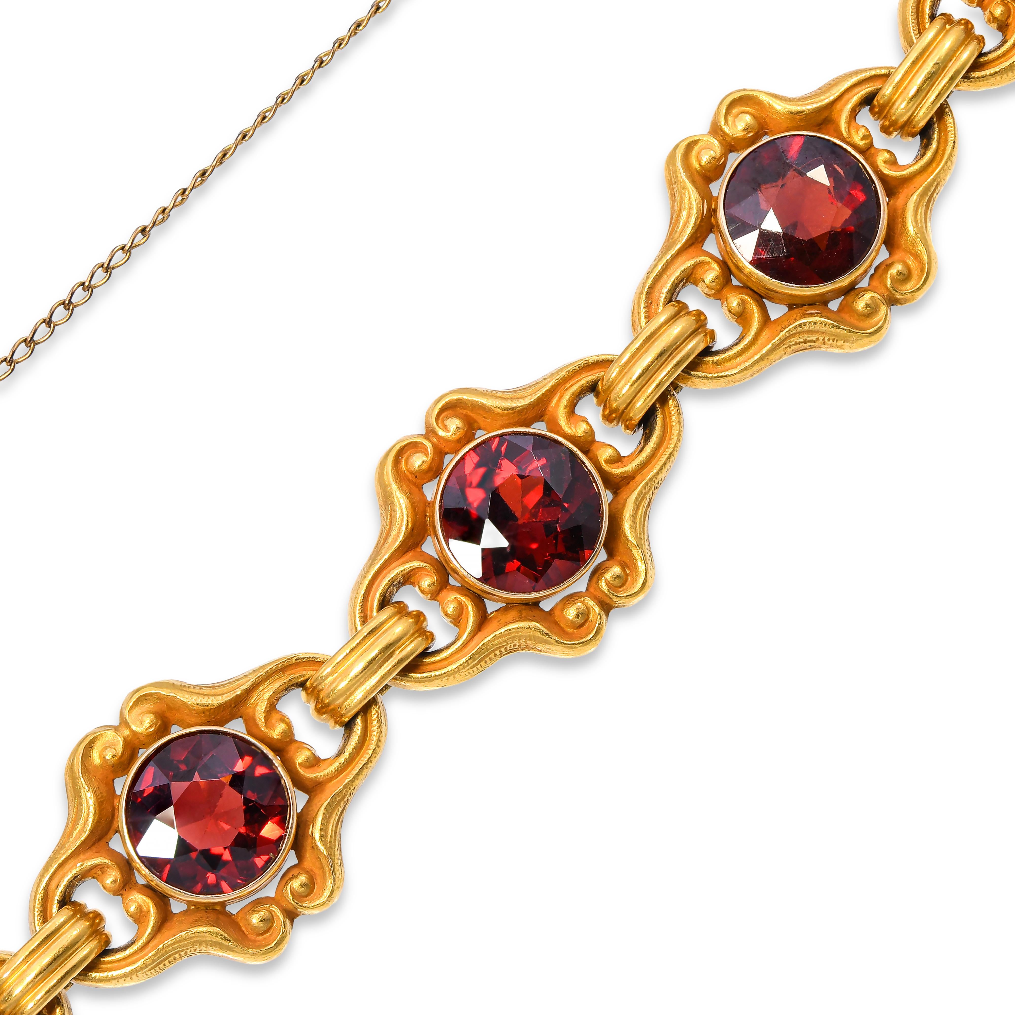 Art Nouveau Bloomed 14k Yellow Gold Garnet Link Bracelet