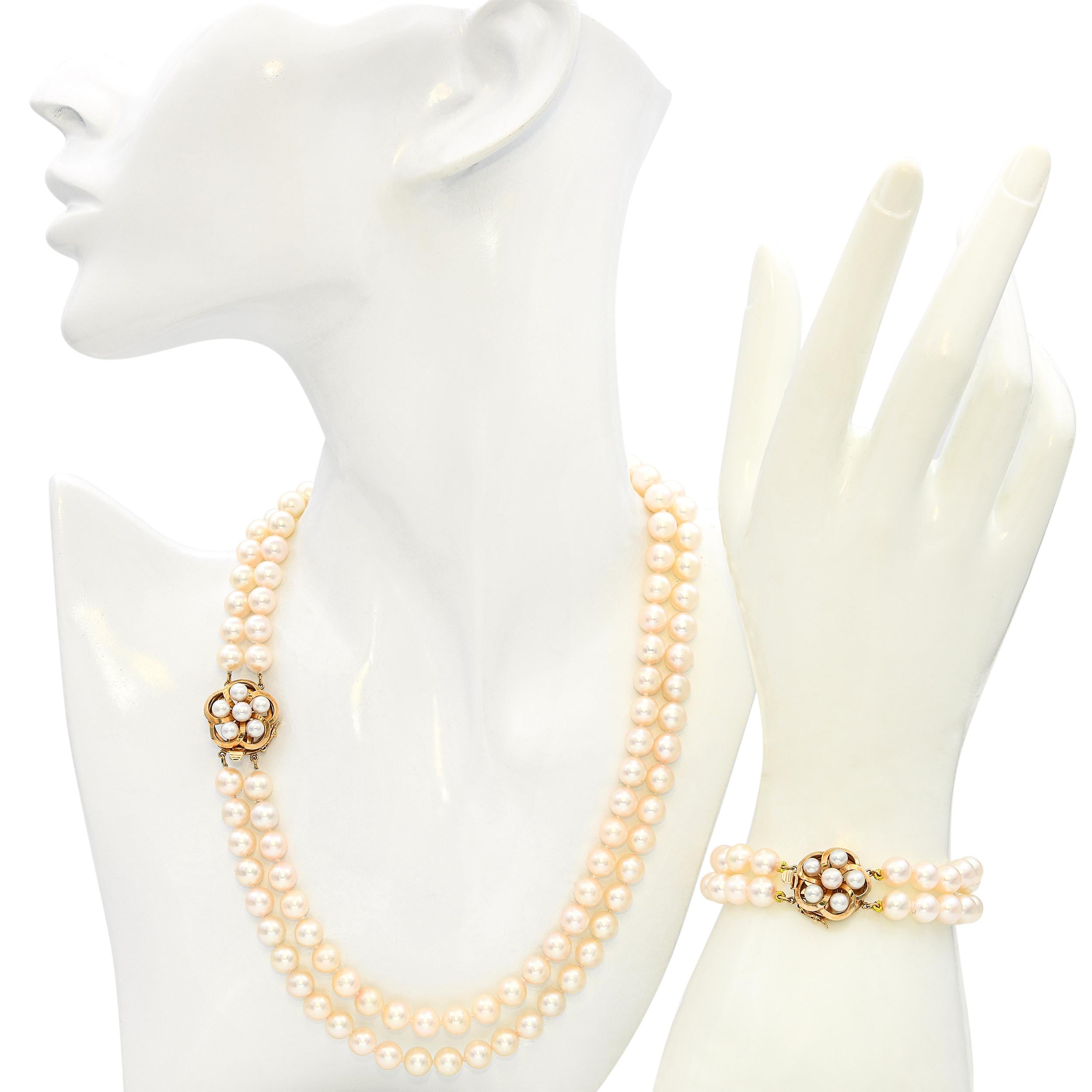 Vintage 14k Yellow Gold Japanese Akoya Pearl Necklace and Bracelet Set