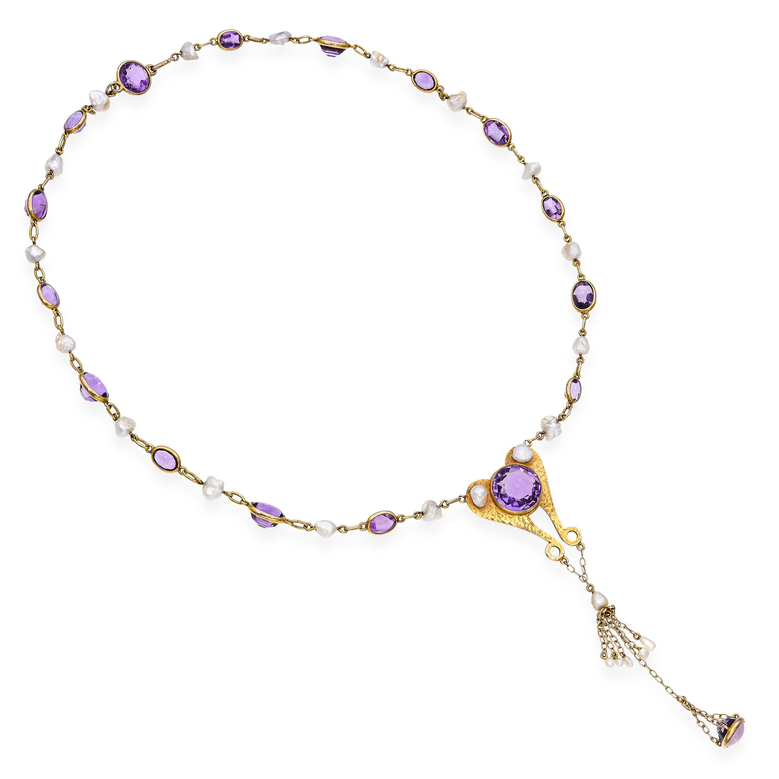 Antique Yellow Gold Amethyst and Pearl Drop Necklace