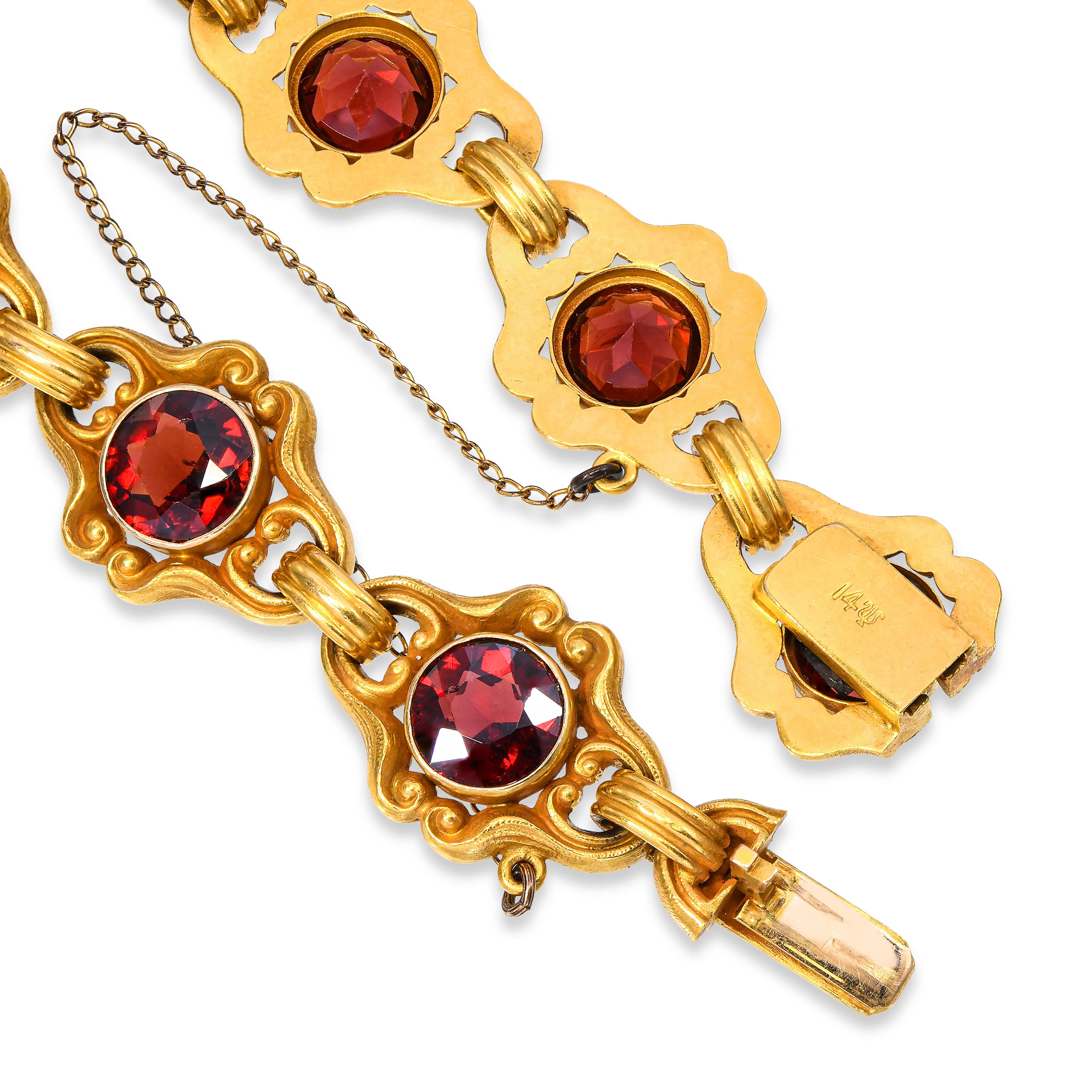 Art Nouveau Bloomed 14k Yellow Gold Garnet Link Bracelet