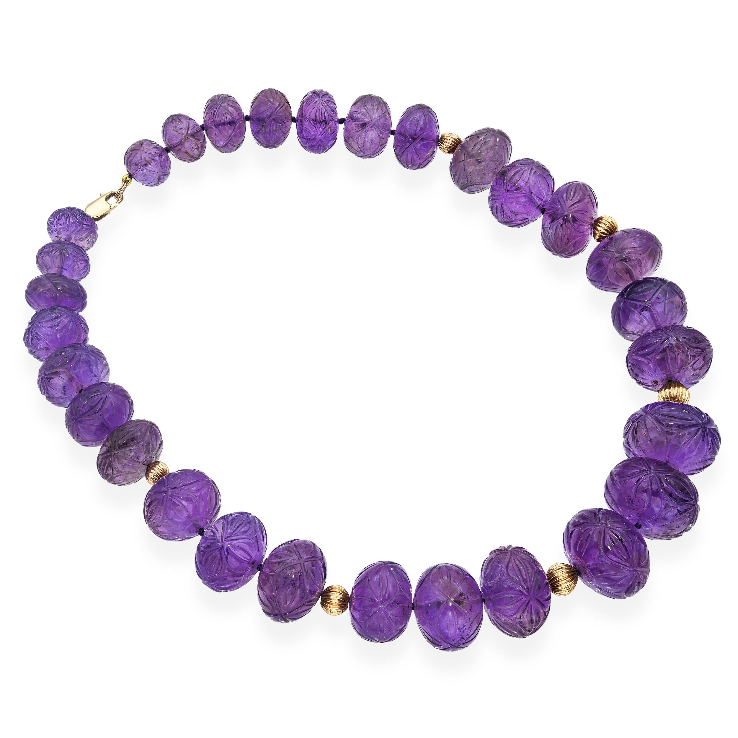 Antique 14k Yellow Gold Carved Mughal Motif Amethyst Bead Necklace