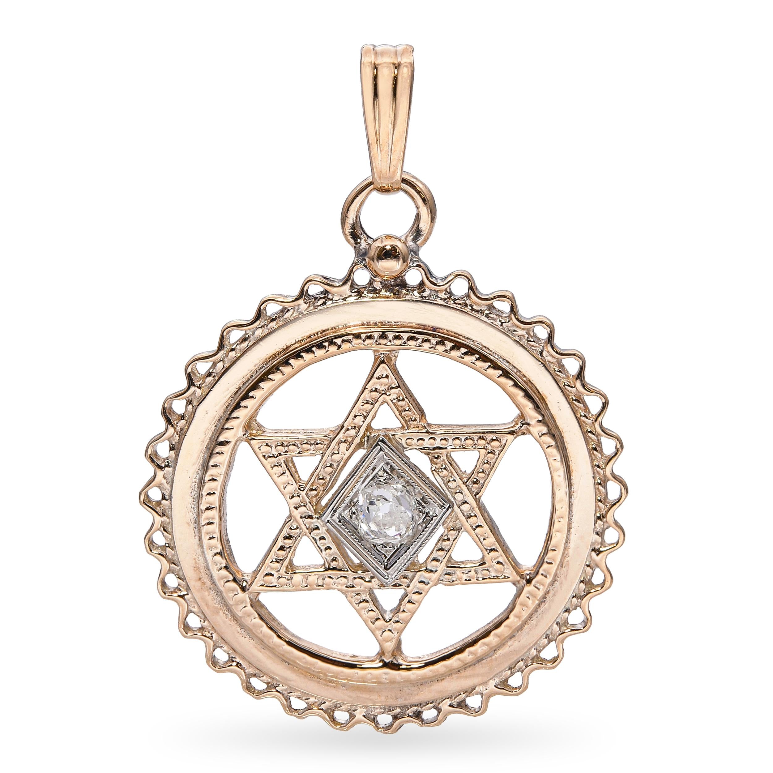 Antique 13k Yellow Gold Old Mine Cut Diamond Star of David Pendant