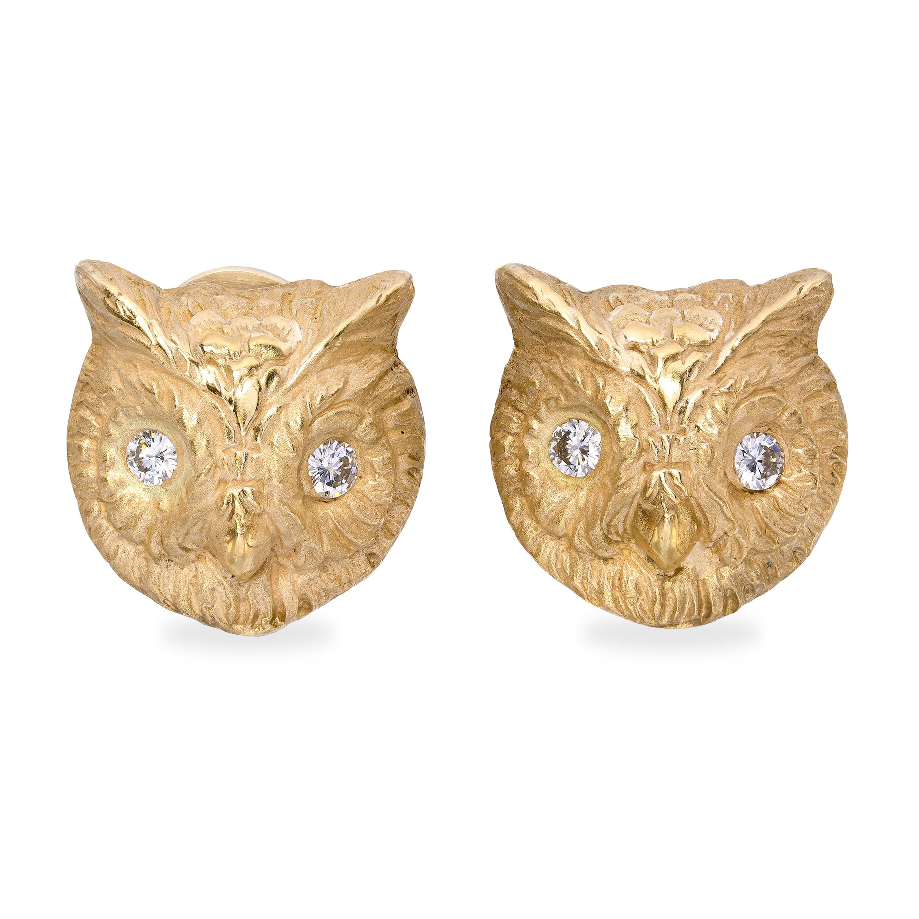 Vintage 14k Yellow Gold Diamond Owl Earrings