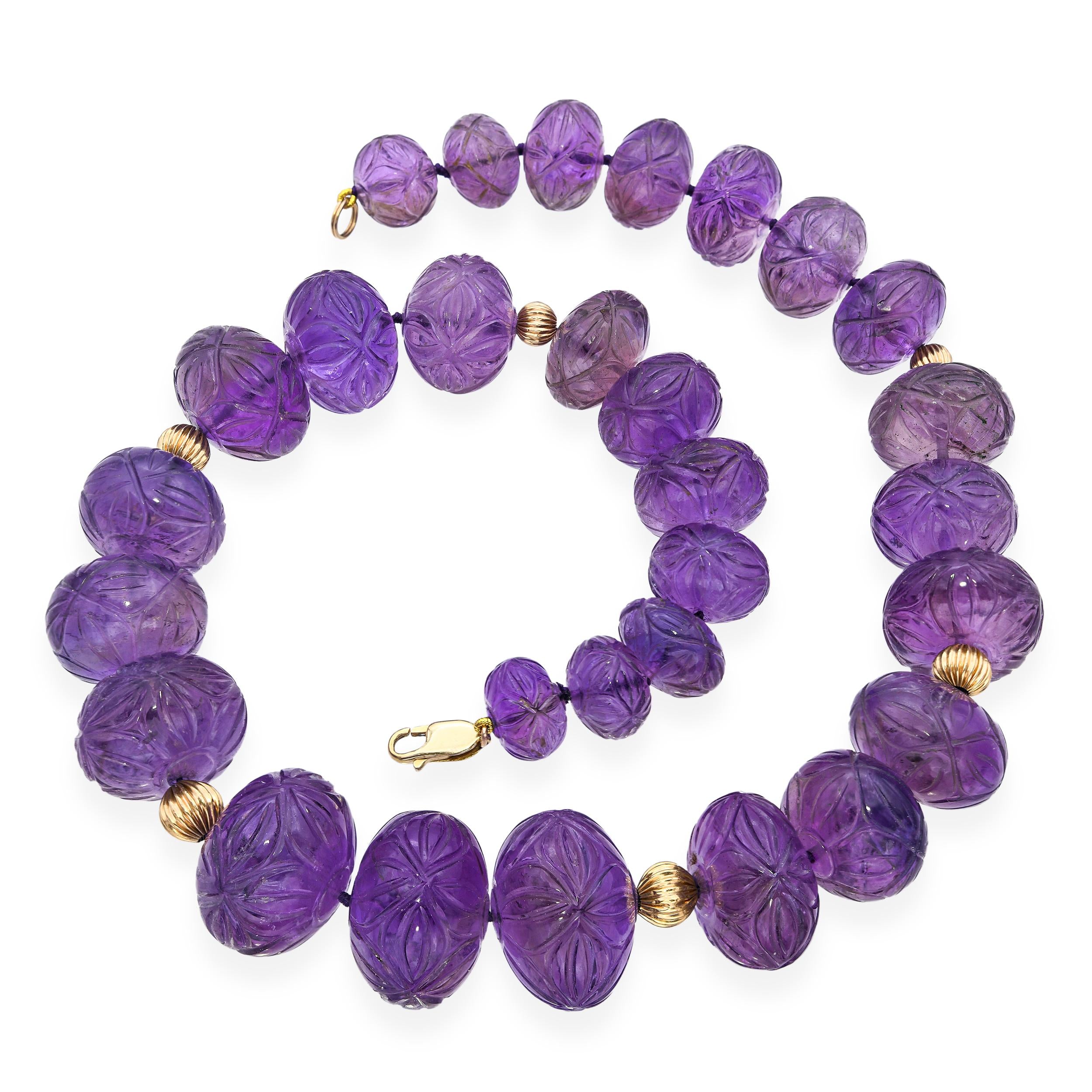 Antique 14k Yellow Gold Carved Mughal Motif Amethyst Bead Necklace