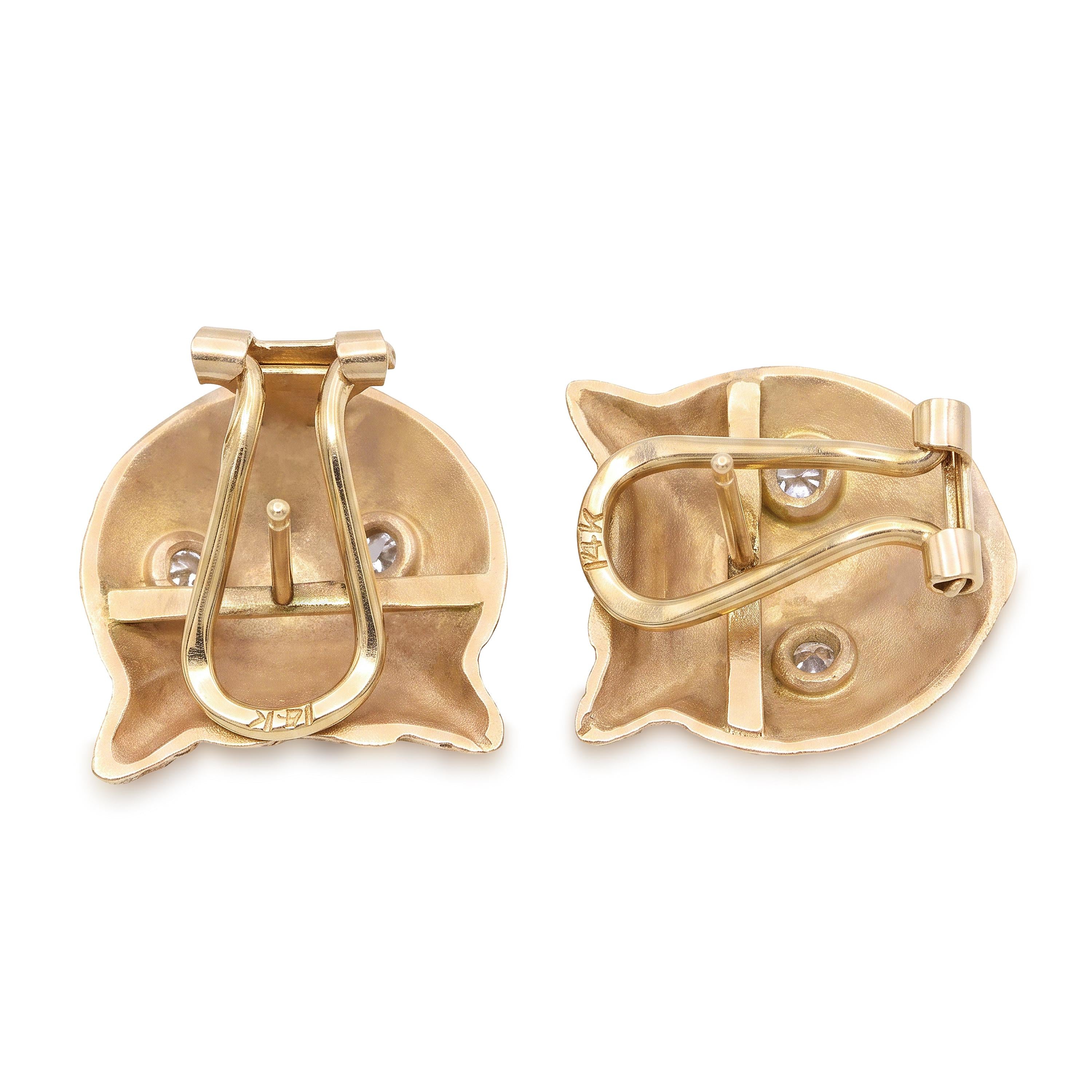 Vintage 14k Yellow Gold Diamond Owl Earrings