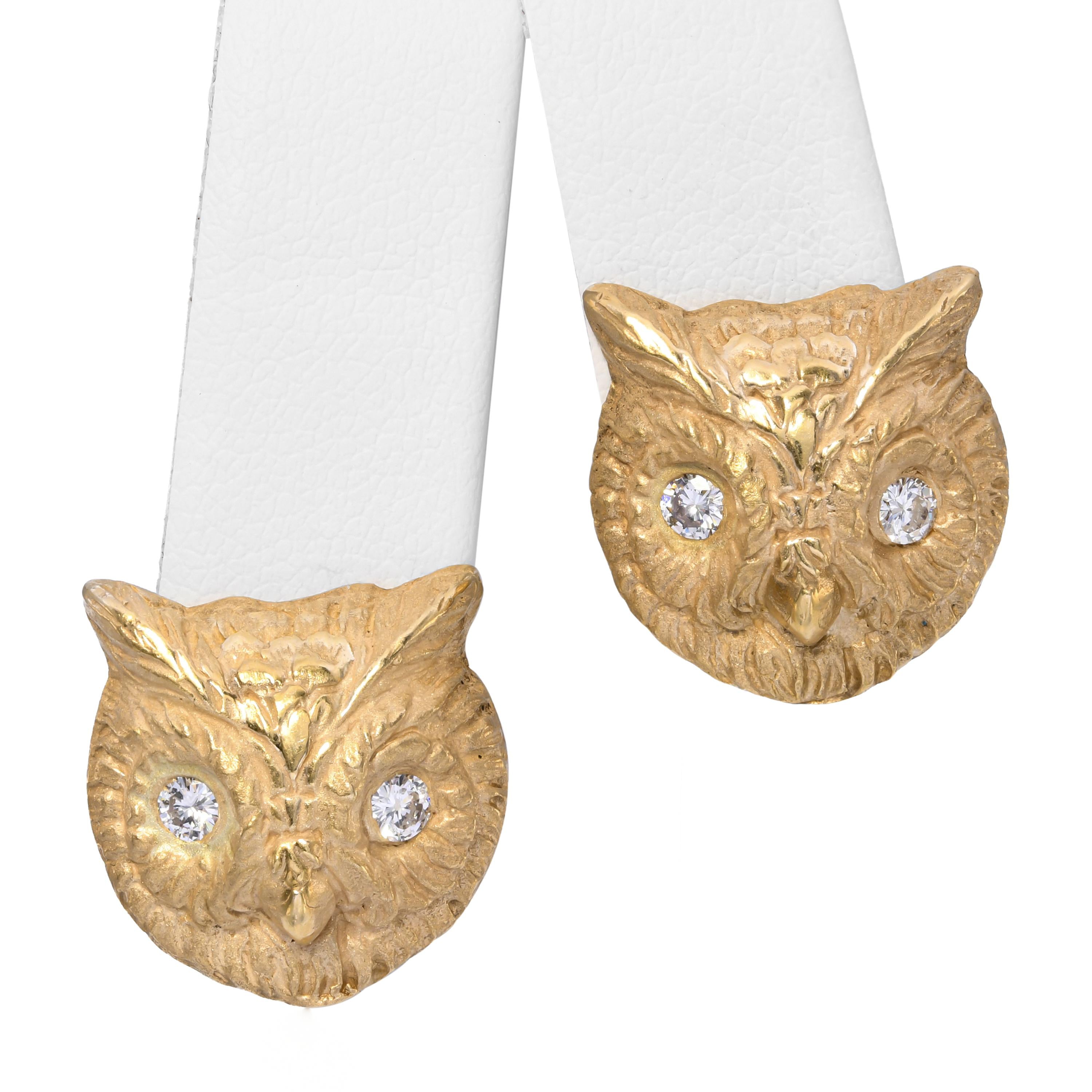 Vintage 14k Yellow Gold Diamond Owl Earrings
