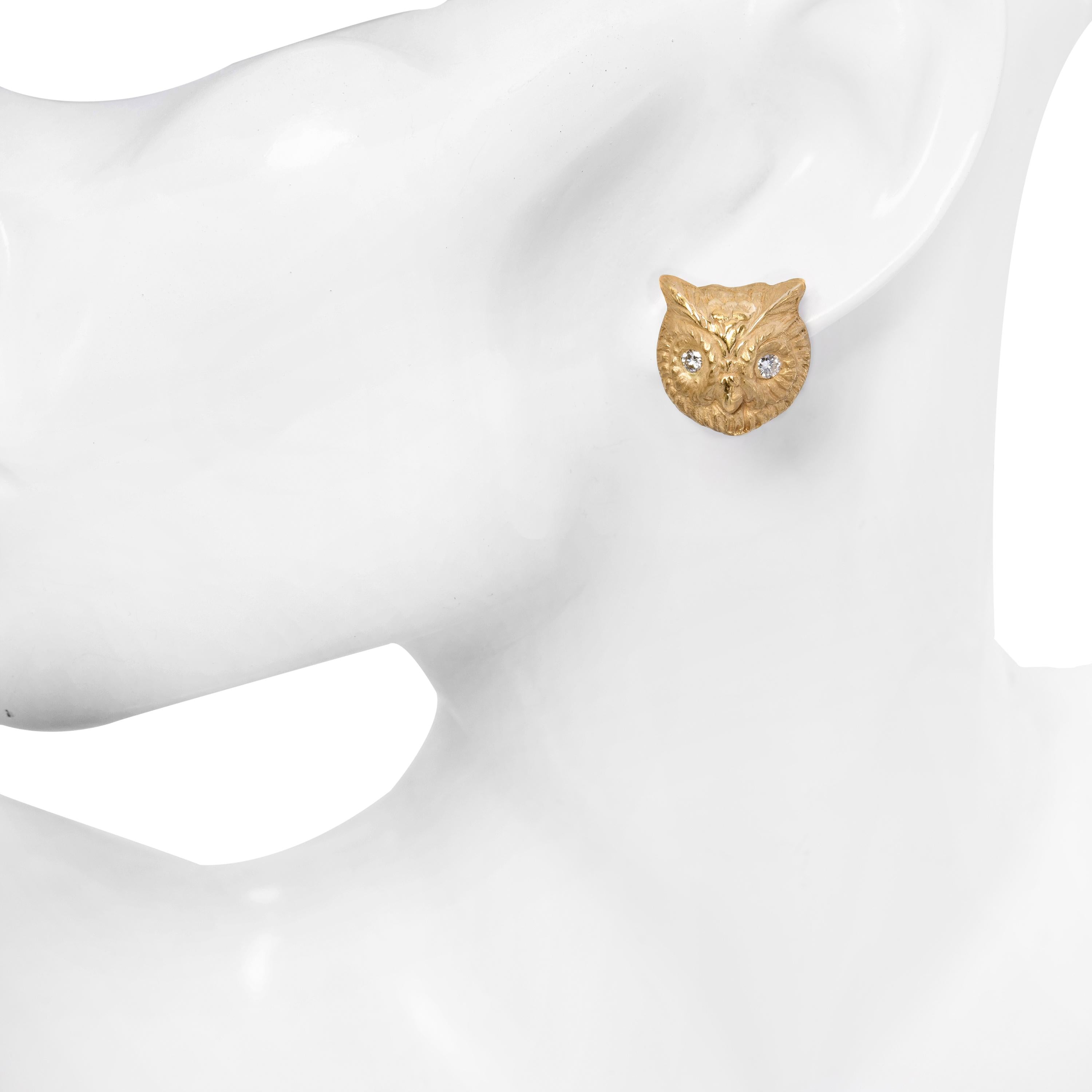 Vintage 14k Yellow Gold Diamond Owl Earrings