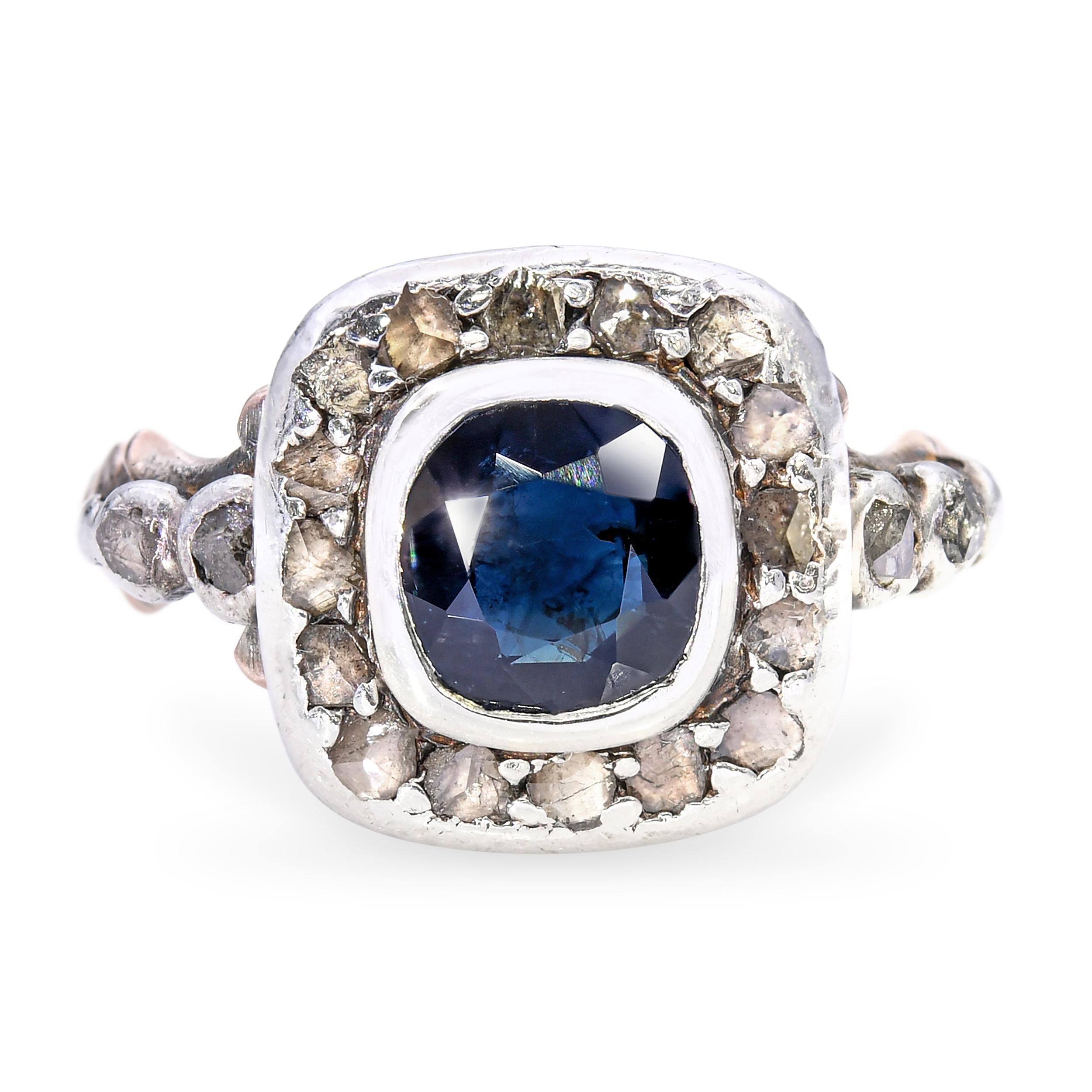 Antique Silver Topped 9ct Yellow Gold 1.14ct Teal Sapphire and Diamond Ring