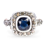 Antique Silver Topped 9ct Yellow Gold 1.14ct Teal Sapphire and Diamond Ring