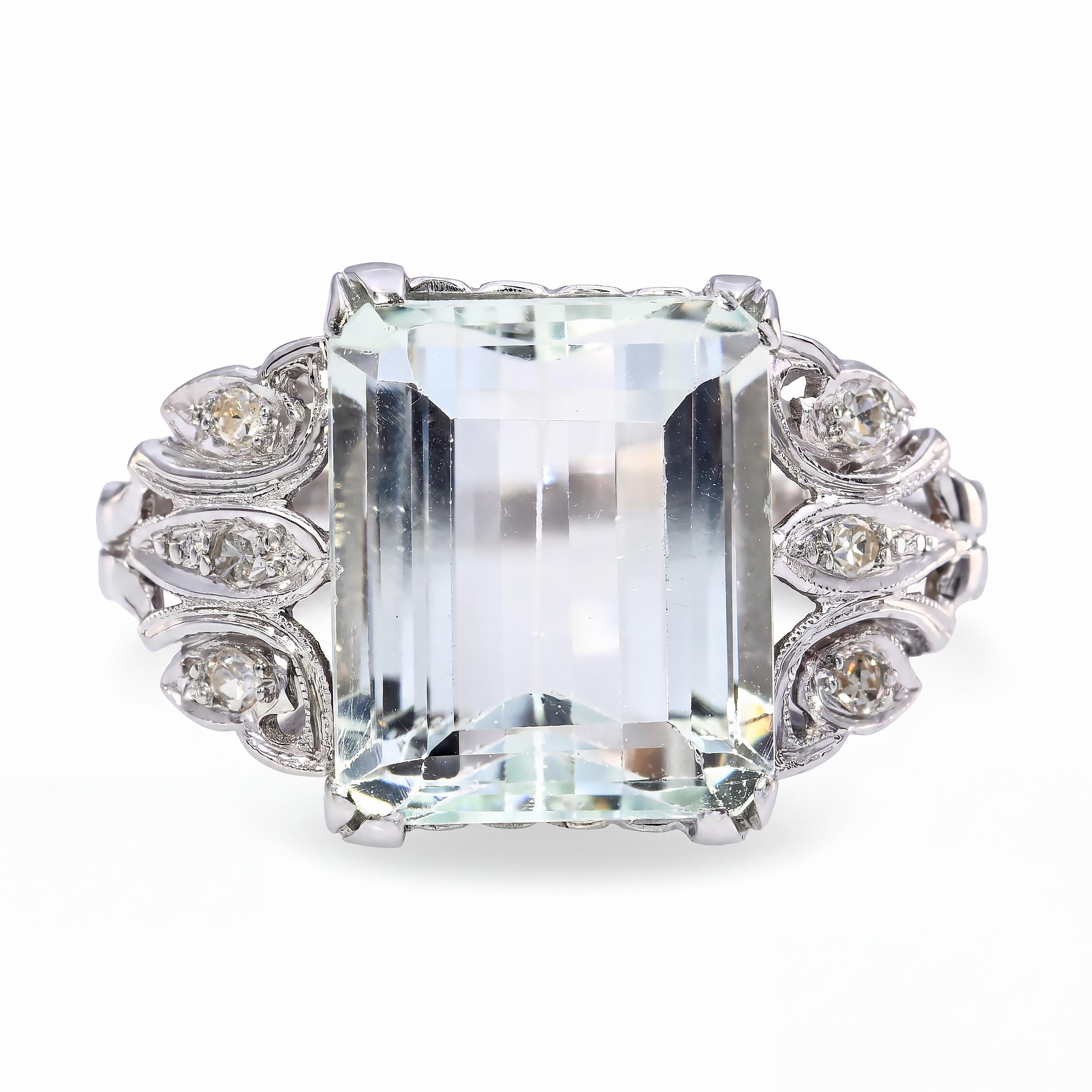 Vintage Platinum Openwork 6.52ct Aquamarine and Diamond Ring