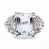 Vintage Platinum Openwork 6.52ct Aquamarine and Diamond Ring