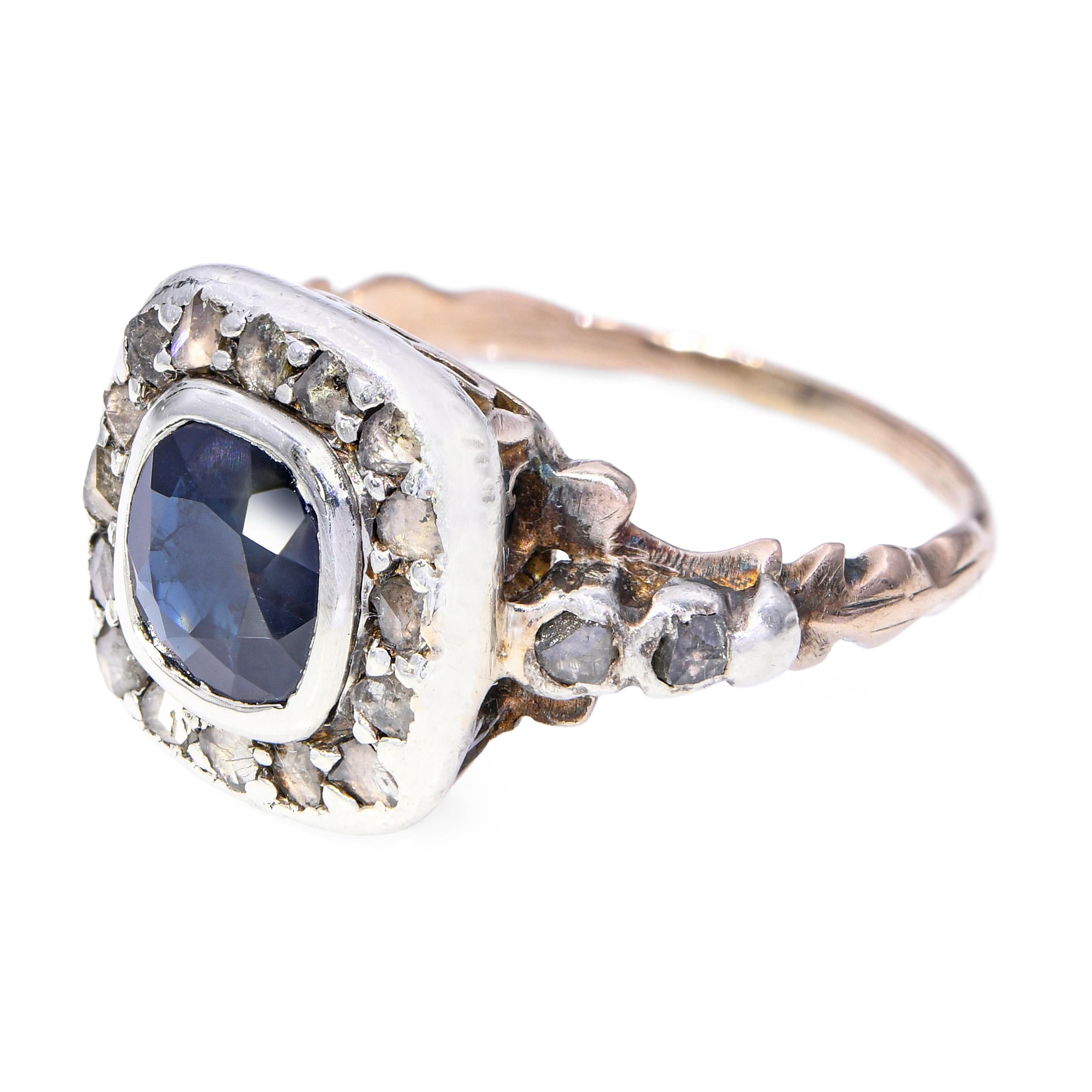 Antique Silver Topped 9ct Yellow Gold 1.14ct Teal Sapphire and Diamond Ring