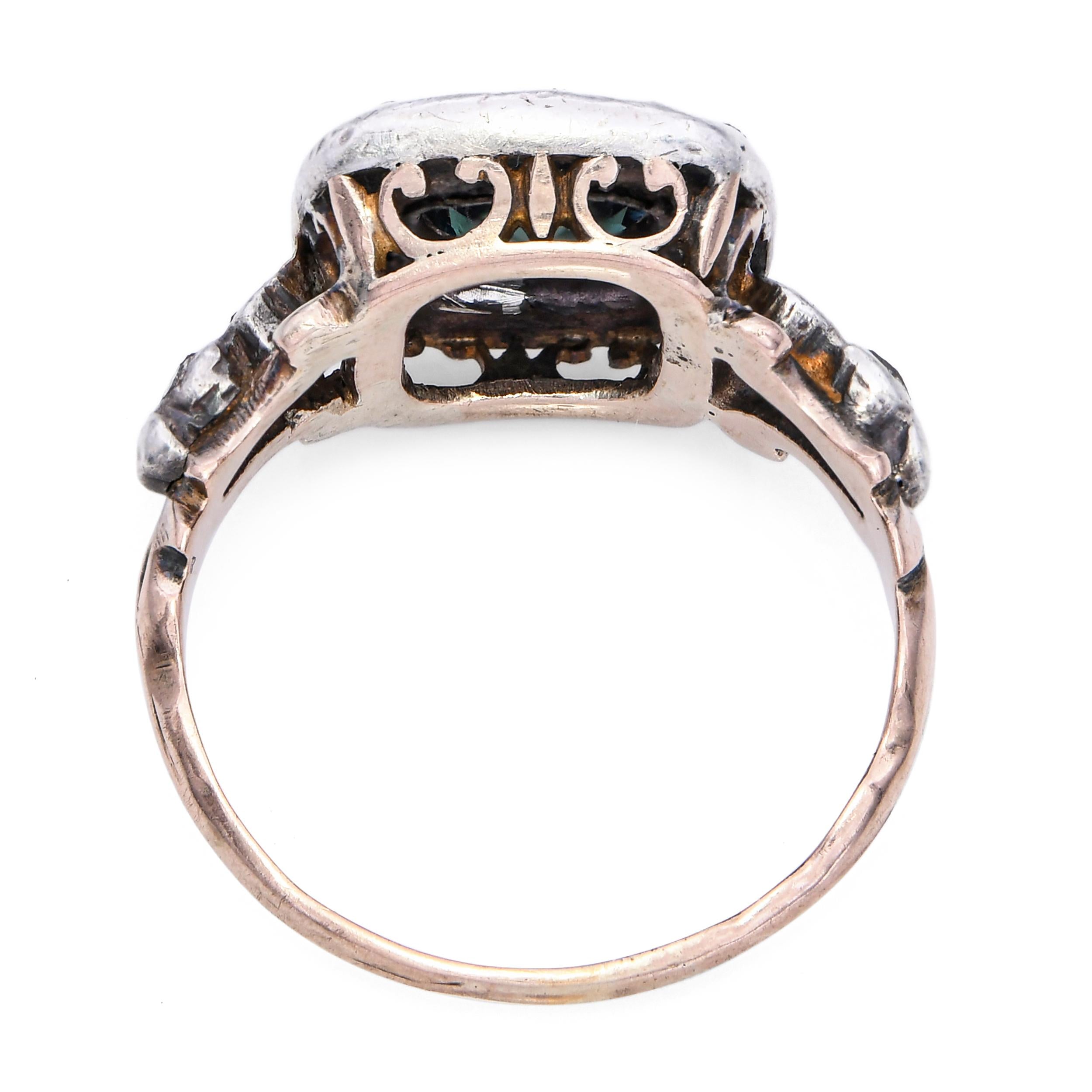 Antique Silver Topped 9ct Yellow Gold 1.14ct Teal Sapphire and Diamond Ring