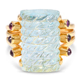 Vintage 18k Yellow Gold Carved Aquamarine and Ruby Ring