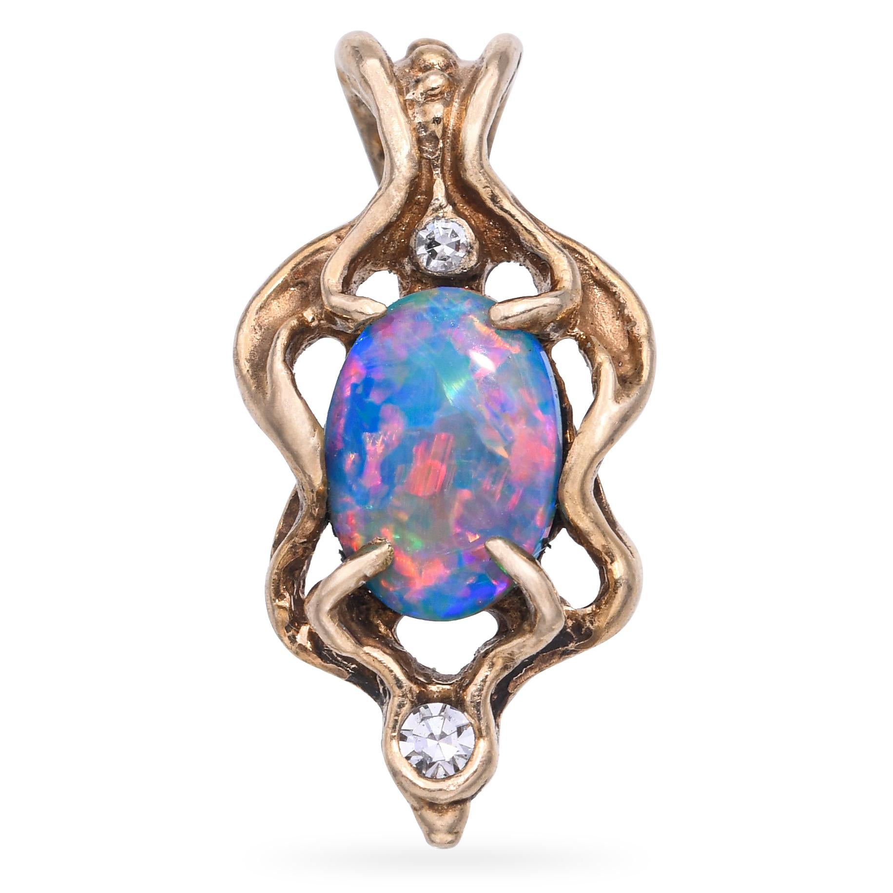 Vintage 14k Yellow Gold Crystal Opal and Diamond Pendant