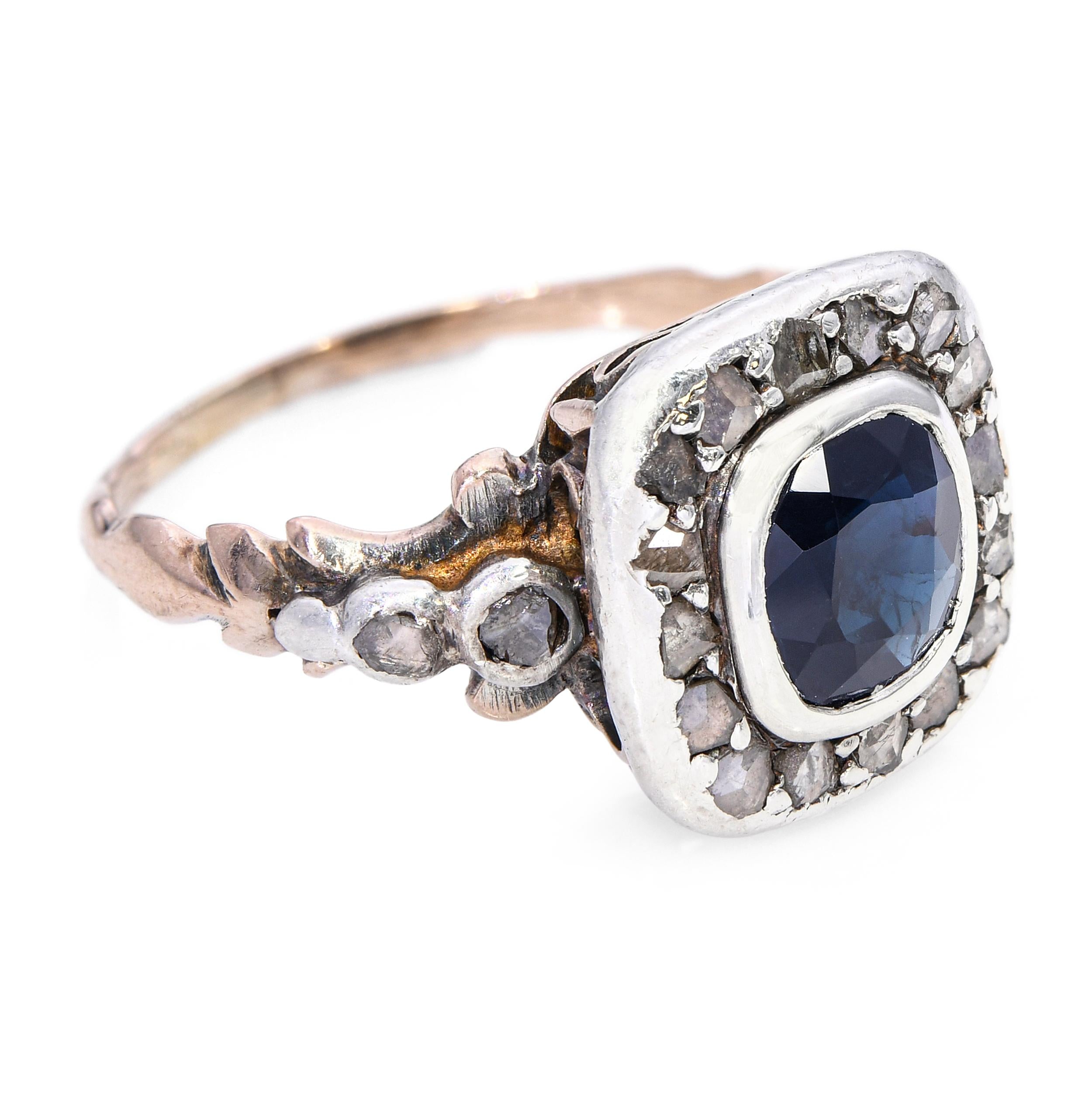 Antique Silver Topped 9ct Yellow Gold 1.14ct Teal Sapphire and Diamond Ring