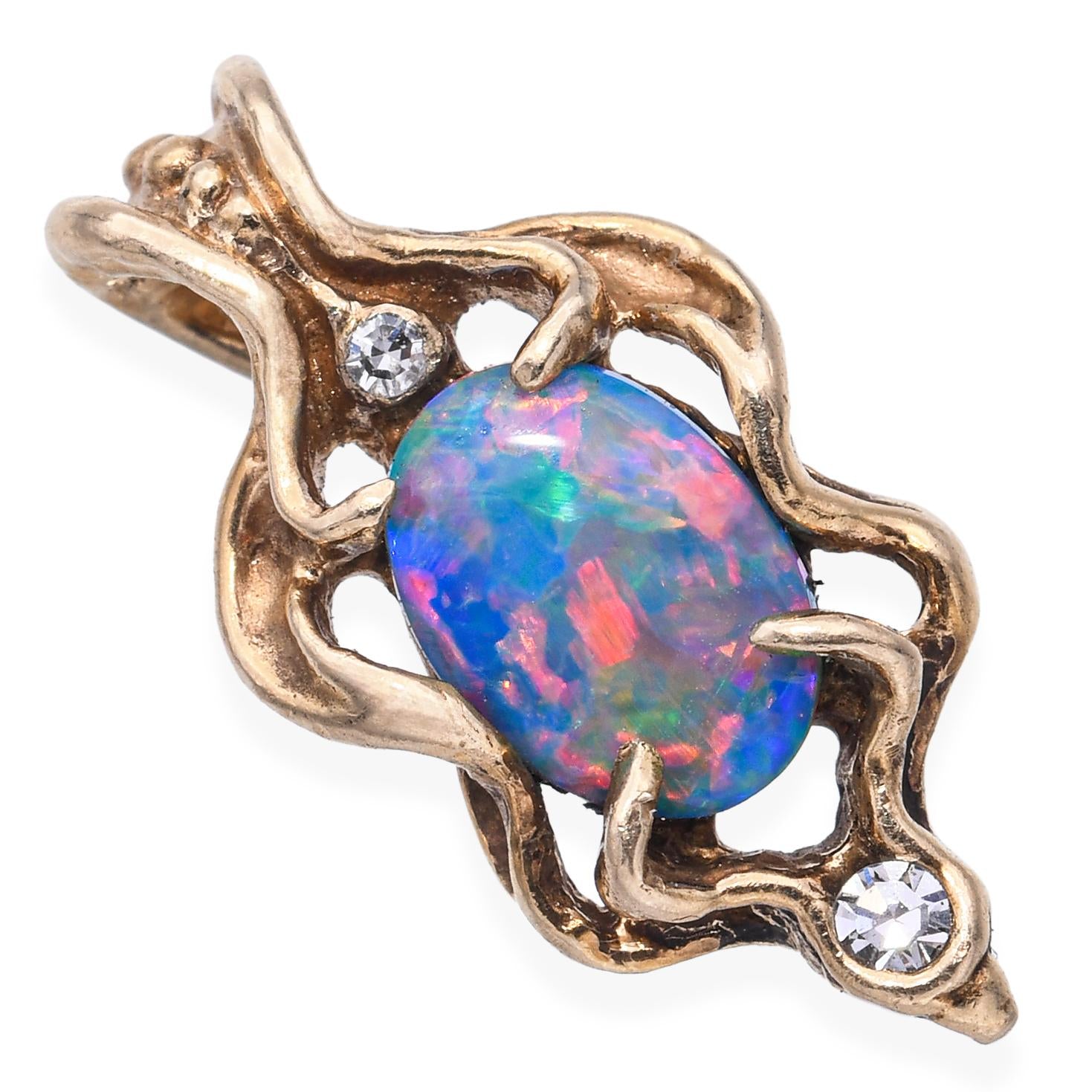 Vintage 14k Yellow Gold Crystal Opal and Diamond Pendant