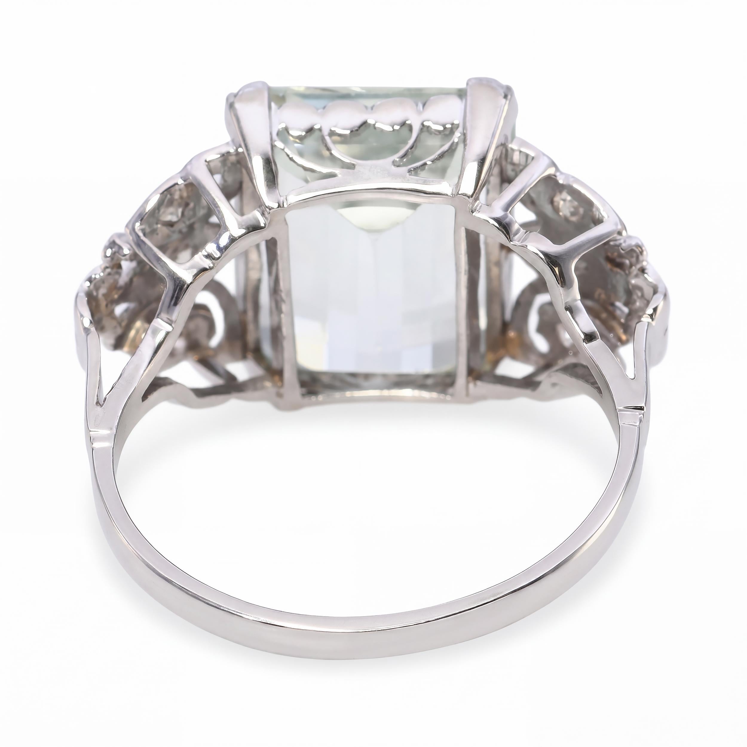 Vintage Platinum Openwork 6.52ct Aquamarine and Diamond Ring
