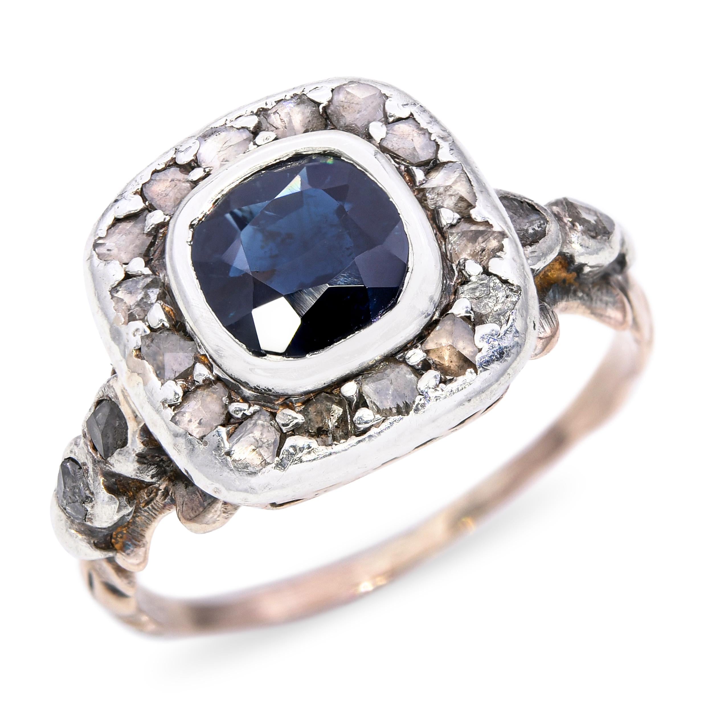 Antique Silver Topped 9ct Yellow Gold 1.14ct Teal Sapphire and Diamond Ring