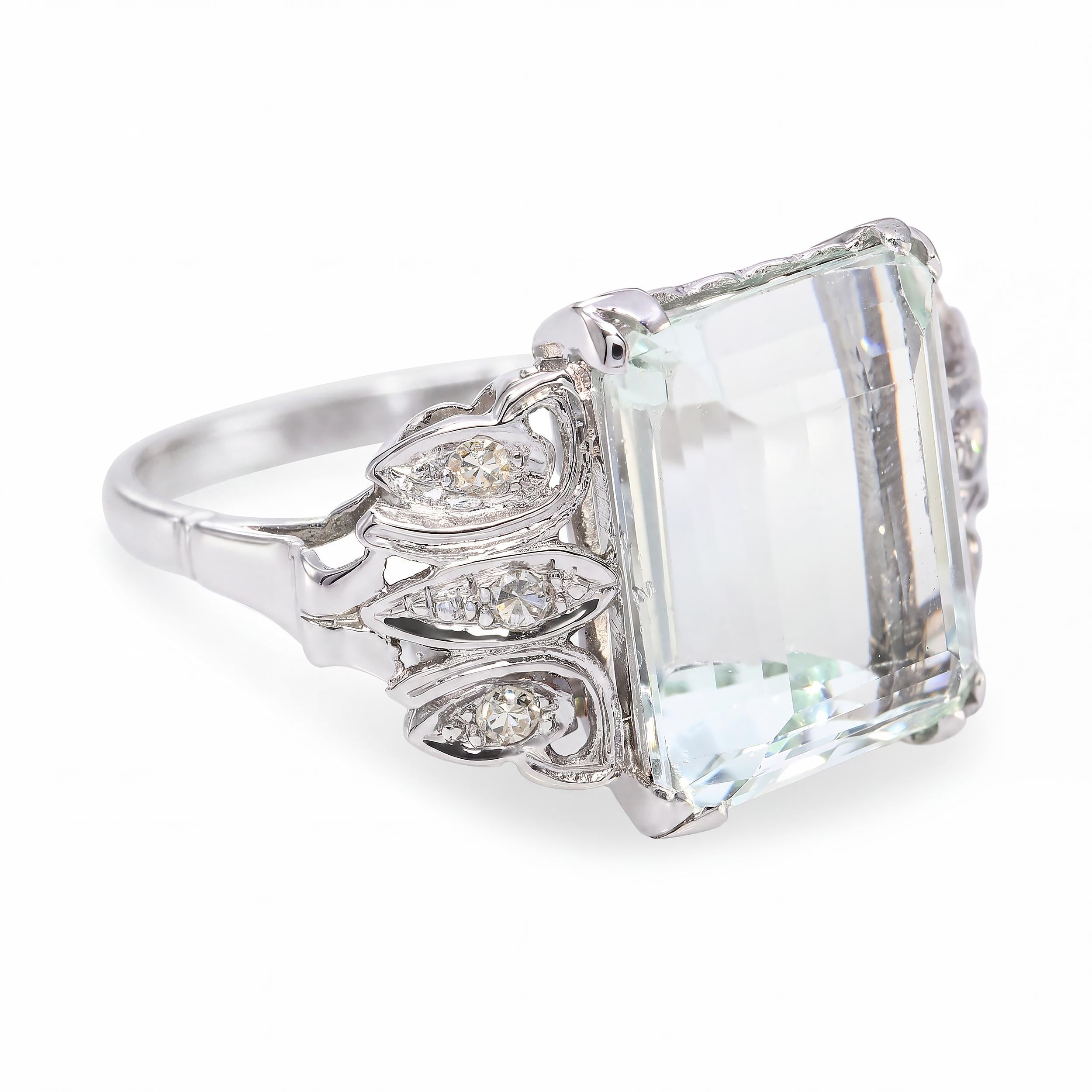 Vintage Platinum Openwork 6.52ct Aquamarine and Diamond Ring