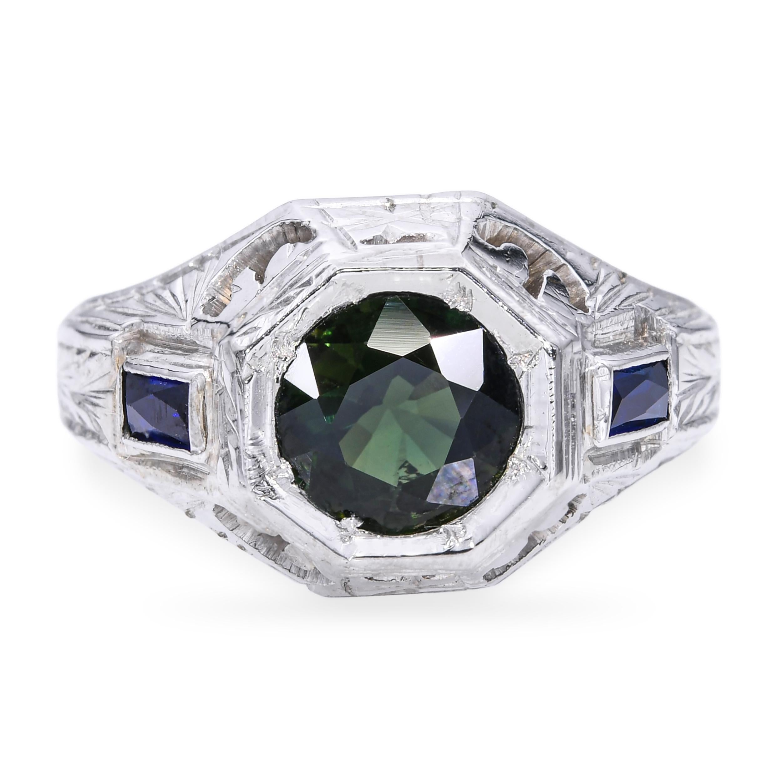 Antique Art Deco 17k White Gold Green 1.26tcw Sapphire Engraved Ring