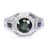 Antique Art Deco 17k White Gold Green 1.26tcw Sapphire Engraved Ring