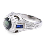 Antique Art Deco 17k White Gold Green 1.26tcw Sapphire Engraved Ring