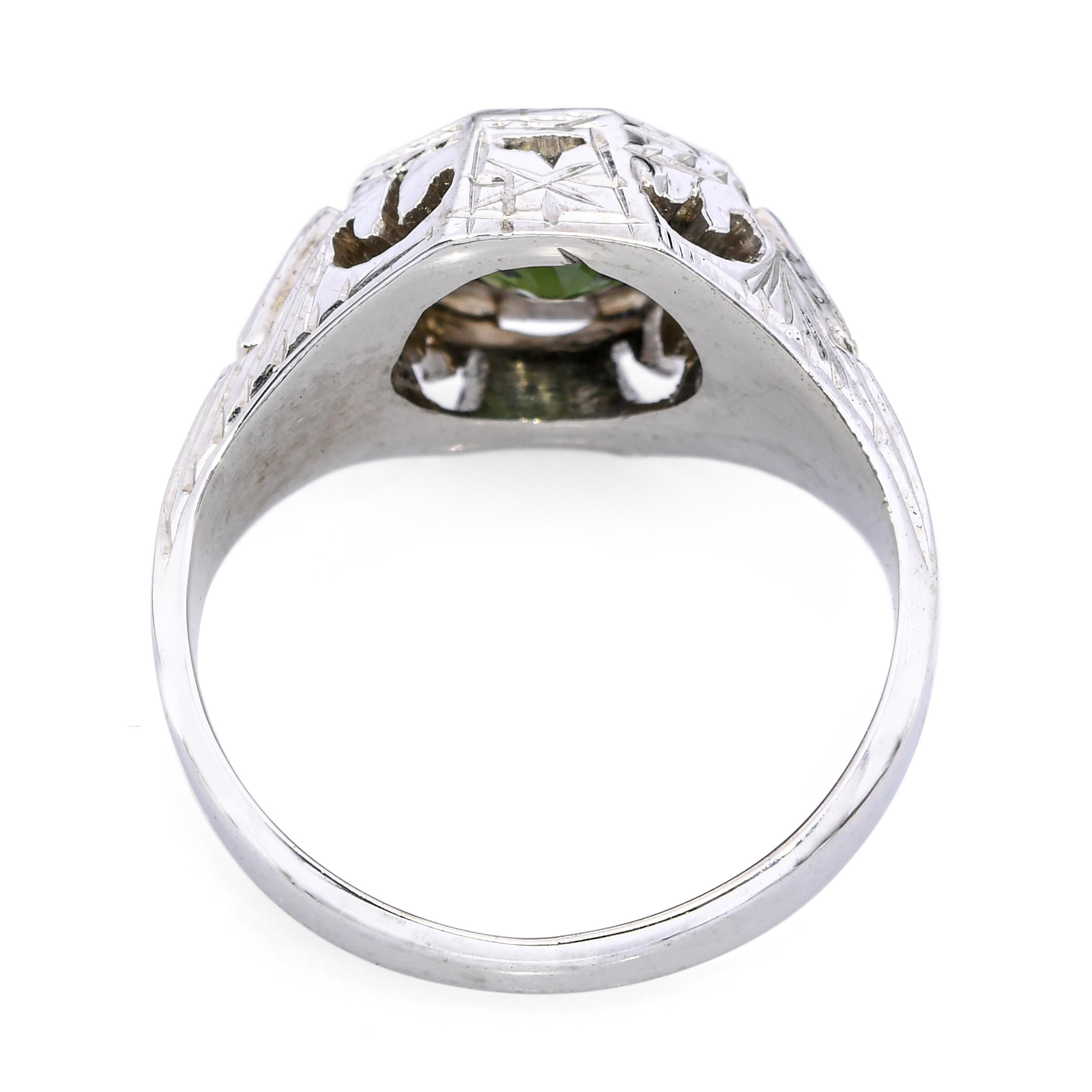 Antique Art Deco 17k White Gold Green 1.26tcw Sapphire Engraved Ring