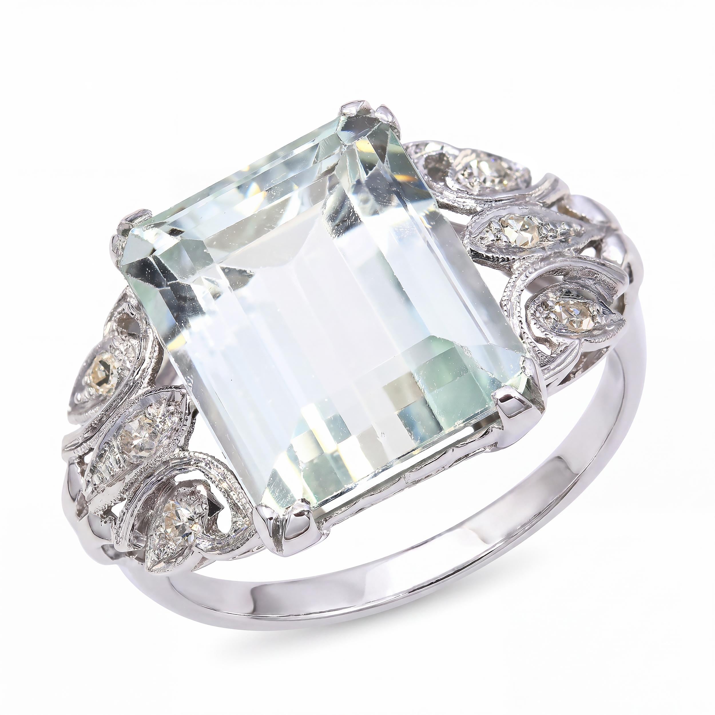 Vintage Platinum Openwork 6.52ct Aquamarine and Diamond Ring