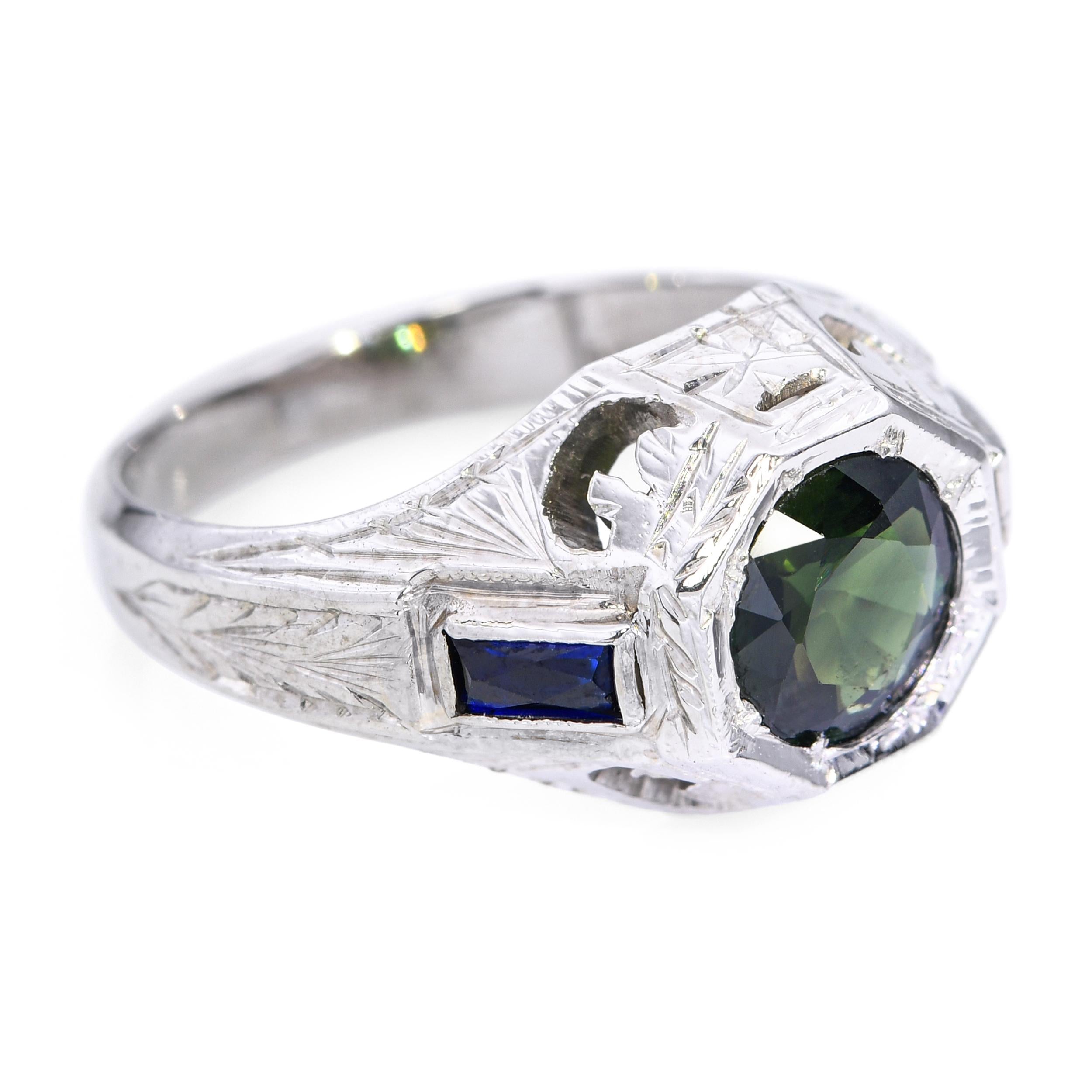 Antique Art Deco 17k White Gold Green 1.26tcw Sapphire Engraved Ring