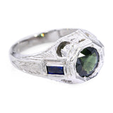 Antique Art Deco 17k White Gold Green 1.26tcw Sapphire Engraved Ring