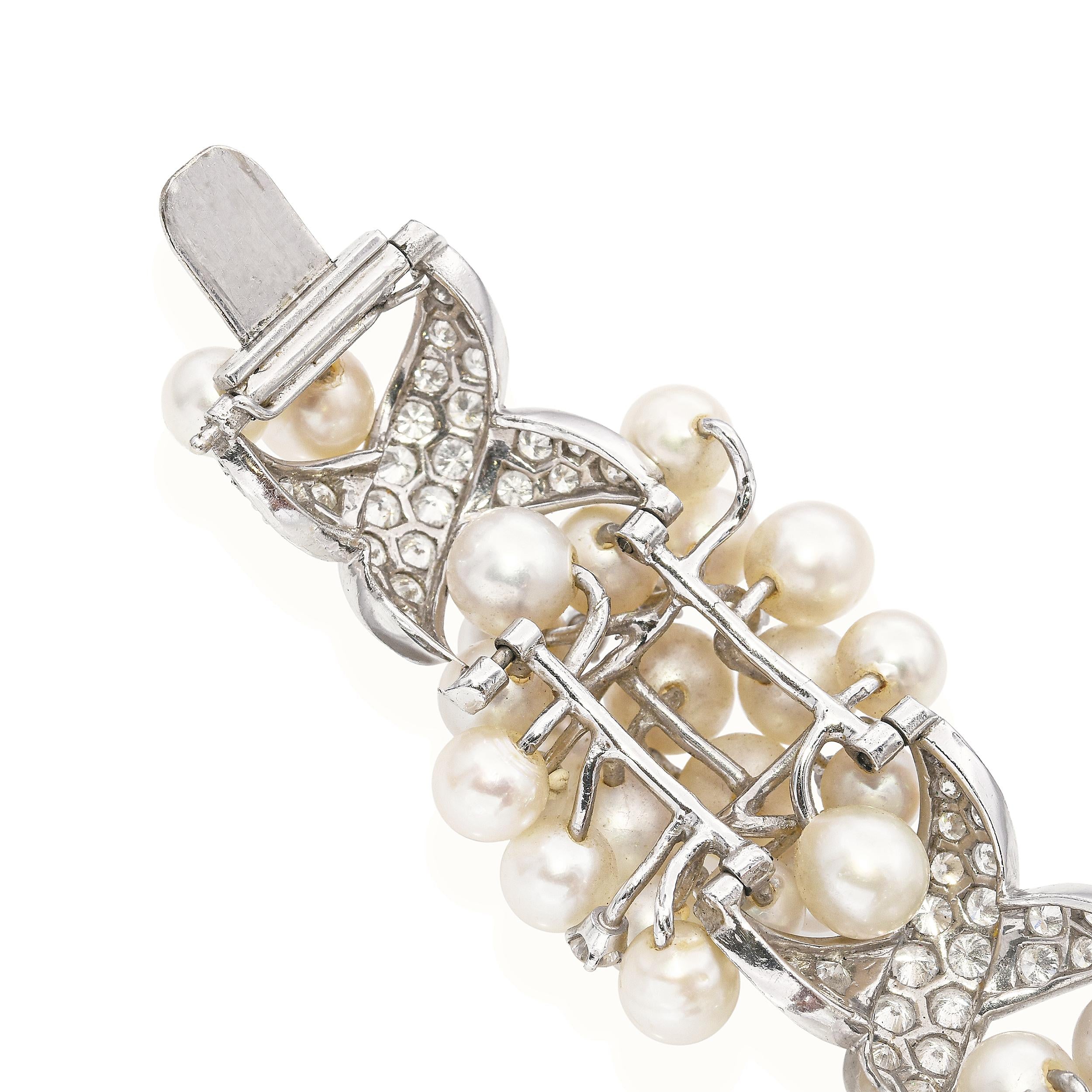 Vintage Platinum and White Gold Akoya Pearl and 12.5tcw Diamond Cluster Bracelet