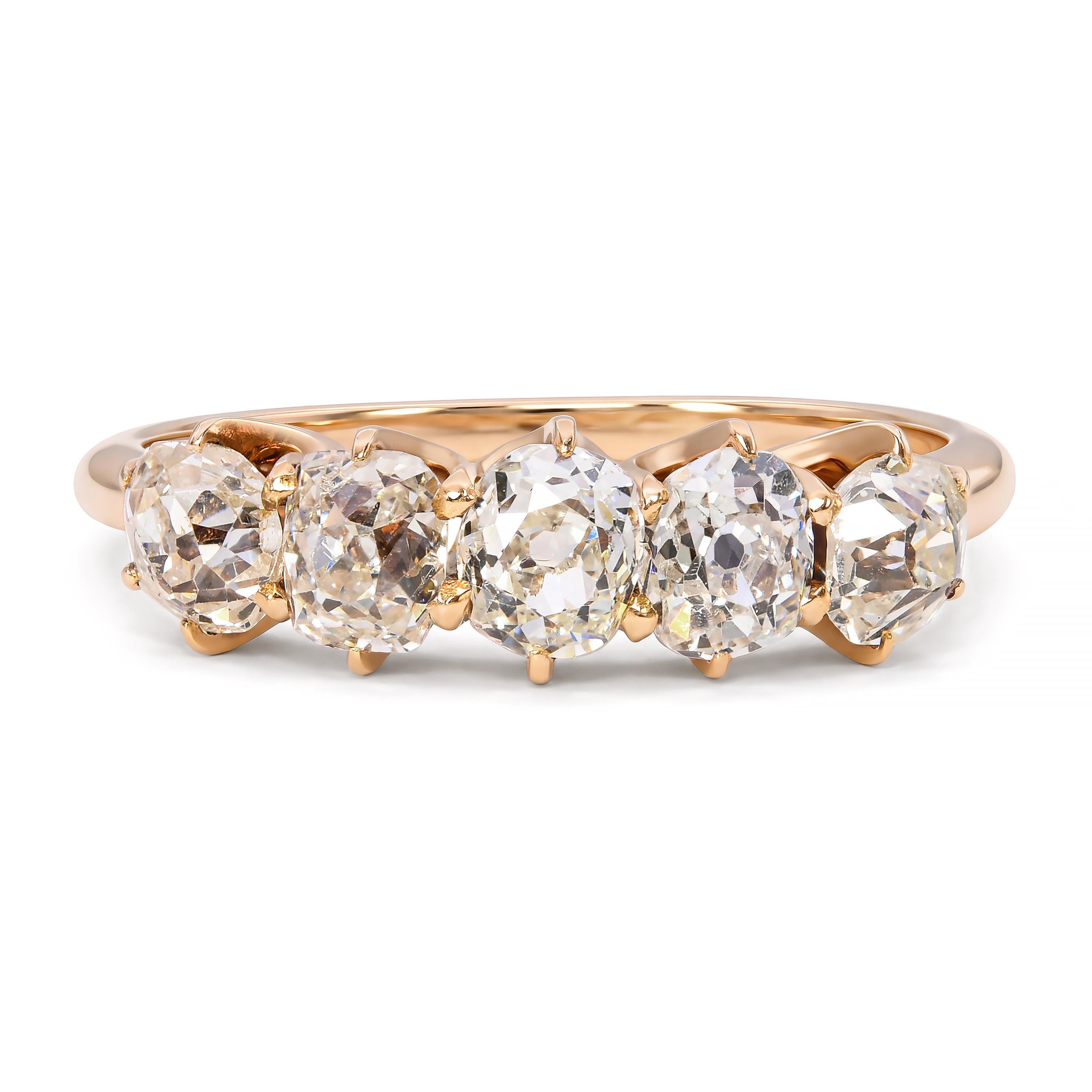 Antique 14k Yellow Gold 0.85tcw Old Mine Cut Diamond Five Stone Half Band Ring