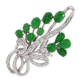 Vintage Precious Metal Alloy Jade and 1.60ctw Diamond Floral Brooch Pin