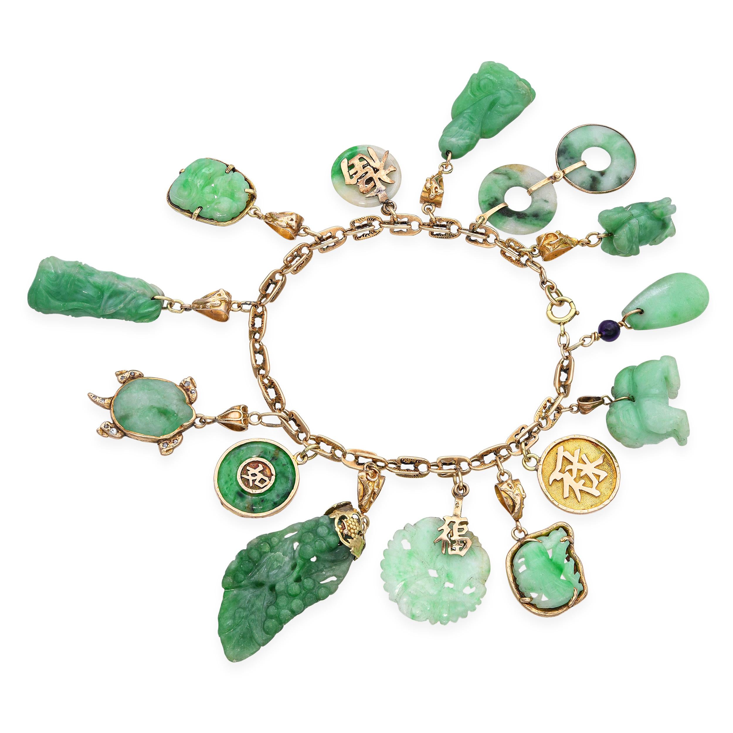 Vintage Yellow Gold Green Jade Charm Bracelet