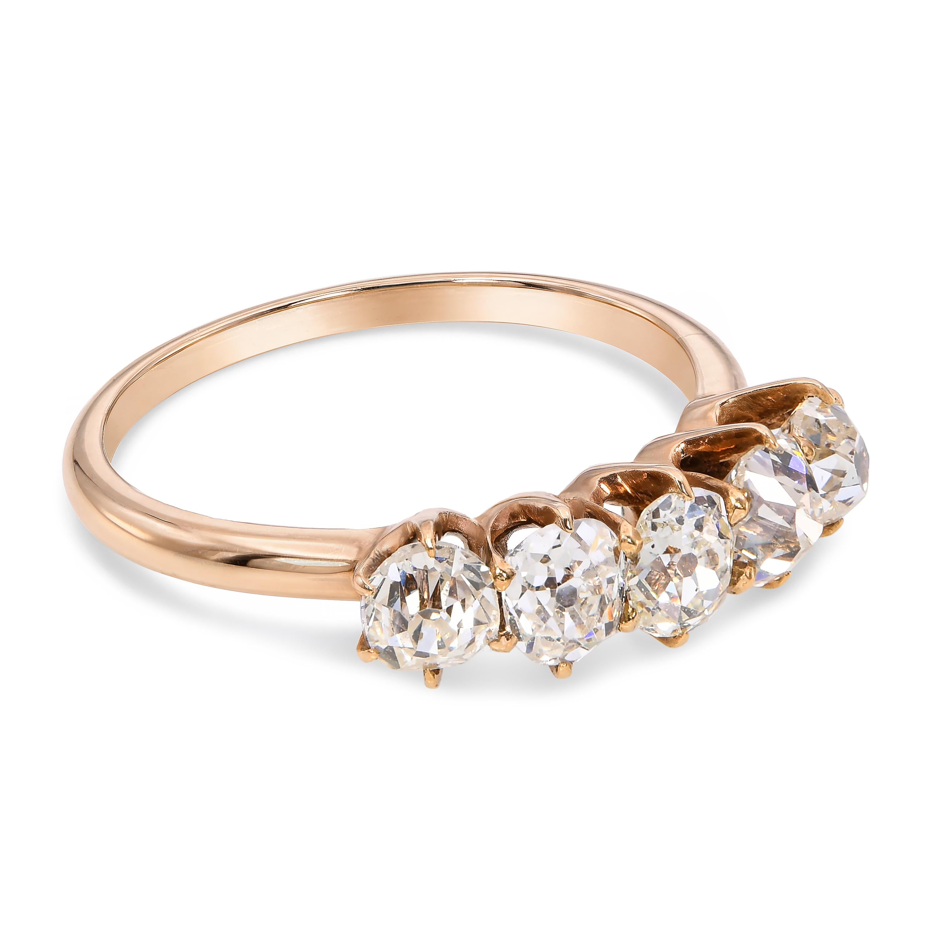Antique 14k Yellow Gold 0.85tcw Old Mine Cut Diamond Five Stone Half Band Ring