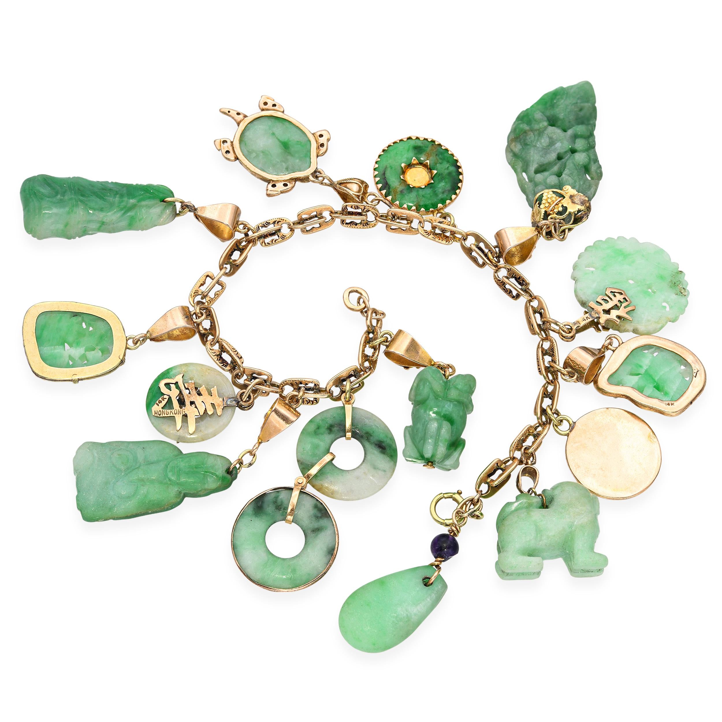 Vintage Yellow Gold Green Jade Charm Bracelet